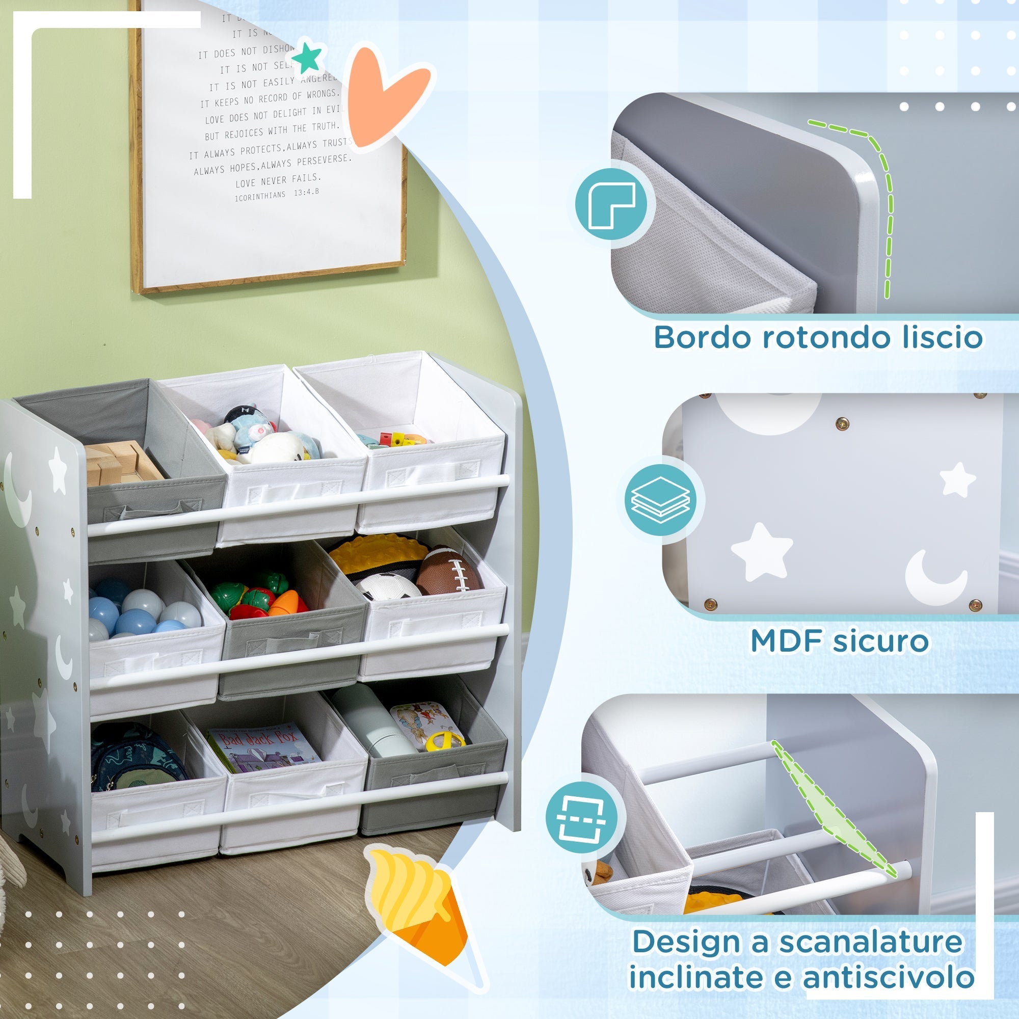 Zonekiz Portagochi cabinet with 9 basketable baskets in MDF and fabric, 63x30x60cm, Grey and white - Borgè