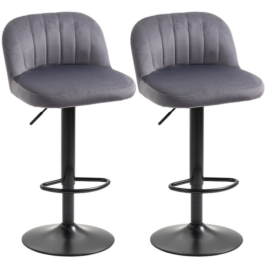 Set 2 bar stools with back and footrests, swivels with adjustable height, Grey