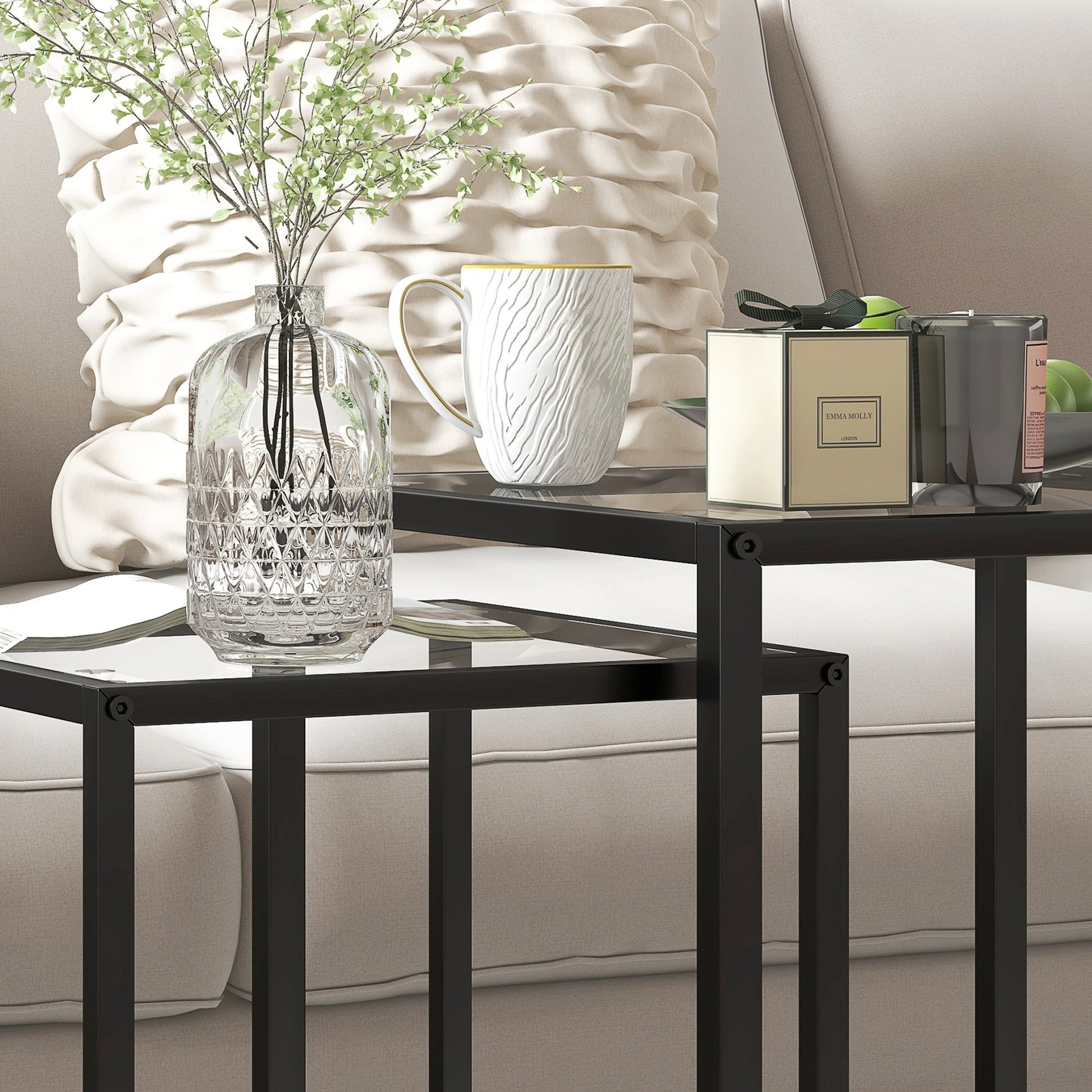 CIELO | Set of 2 Modern Black Coffee Tables with Tempered Glass - Borgè