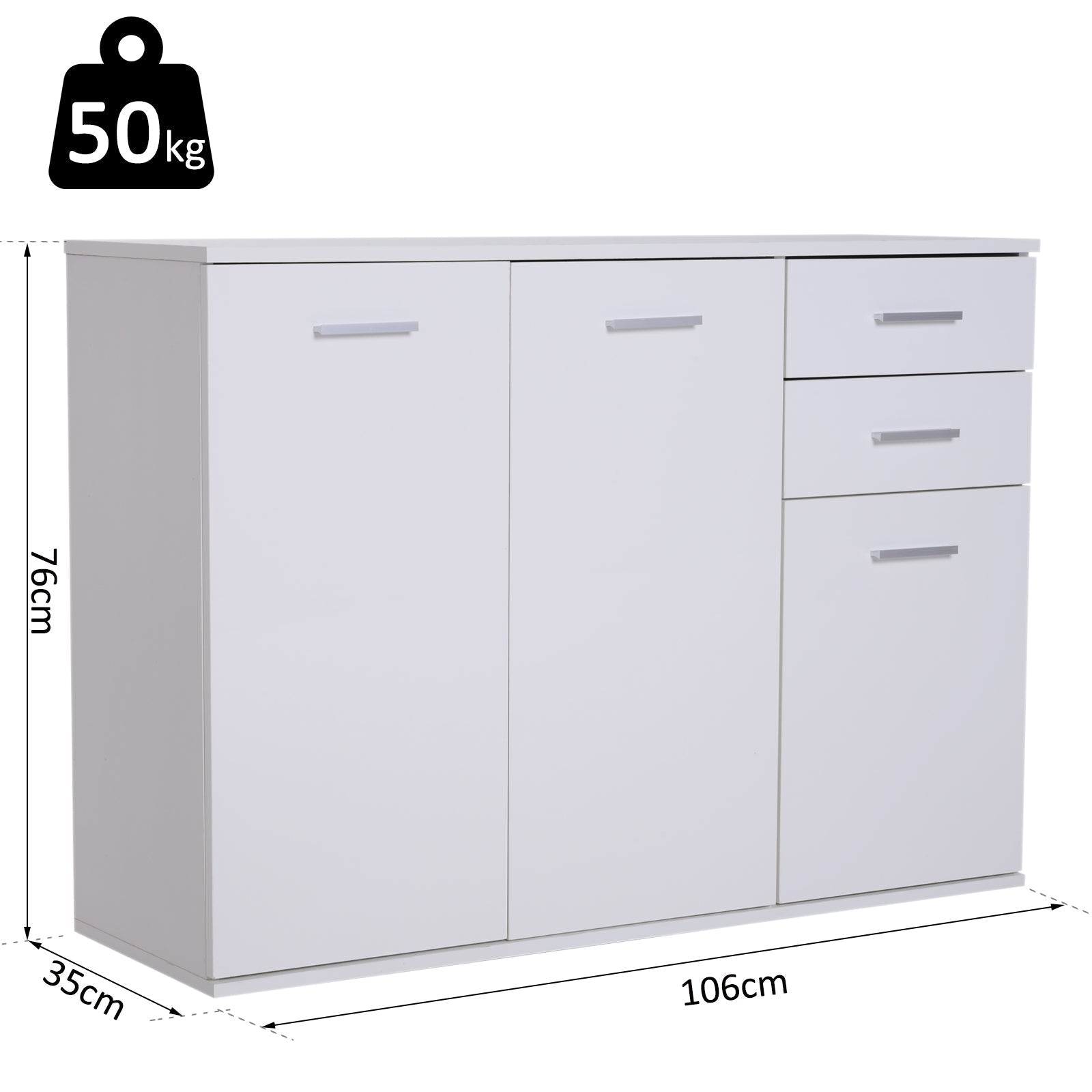cabinet with 3 doors and 2 trooped wooden drawers, white, 106x35x76cm - Borgè