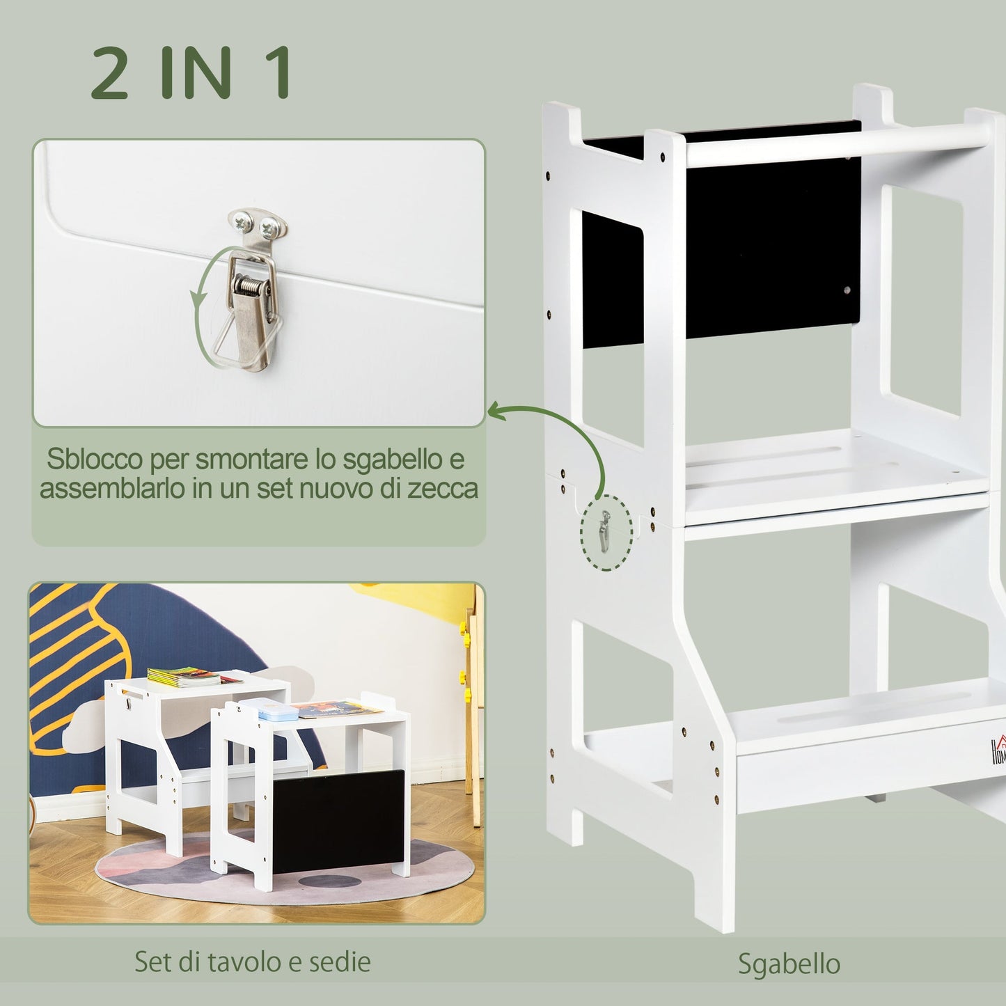 Qaba Scala Montessori 2 in 1 in detachable MDF, with stool, blackboard included, for children 3-6 years old, white - Borgè