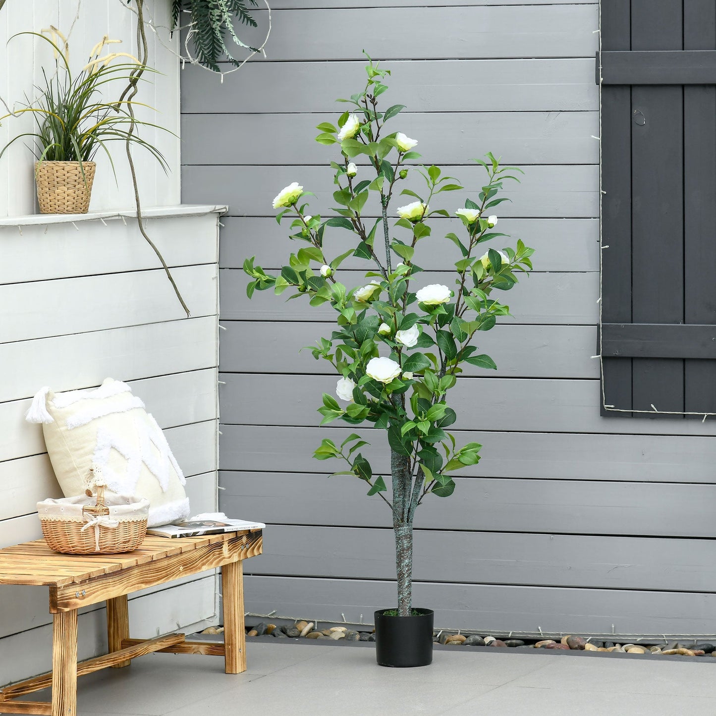 Fake Camelia tree plant with vase and 25 flowers for interior and outdoor, height 150cm - green/white - Borgè