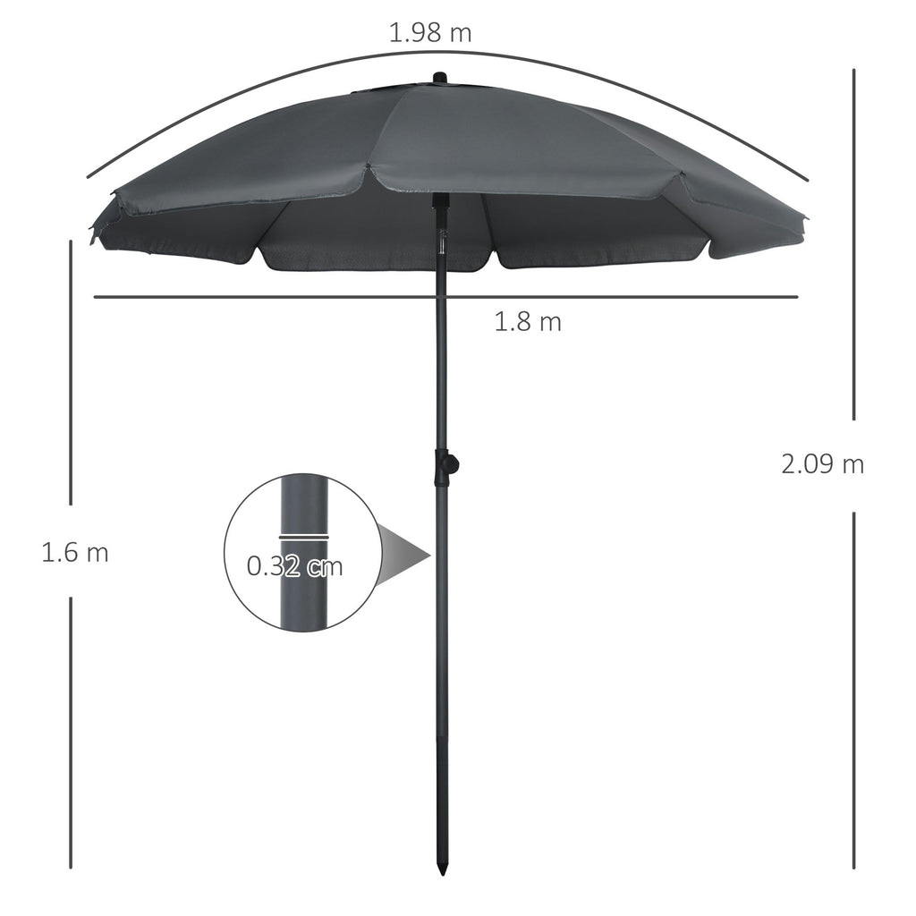 Beach Umbrella 1.8x2 m, in Polyester and Steel with 8 Ribs and 45° Reclining, Grey - Borge' Group Limited
