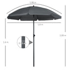 Beach Umbrella 1.8x2 m, in Polyester and Steel with 8 Ribs and 45° Reclining, Grey - Borge' Group Limited