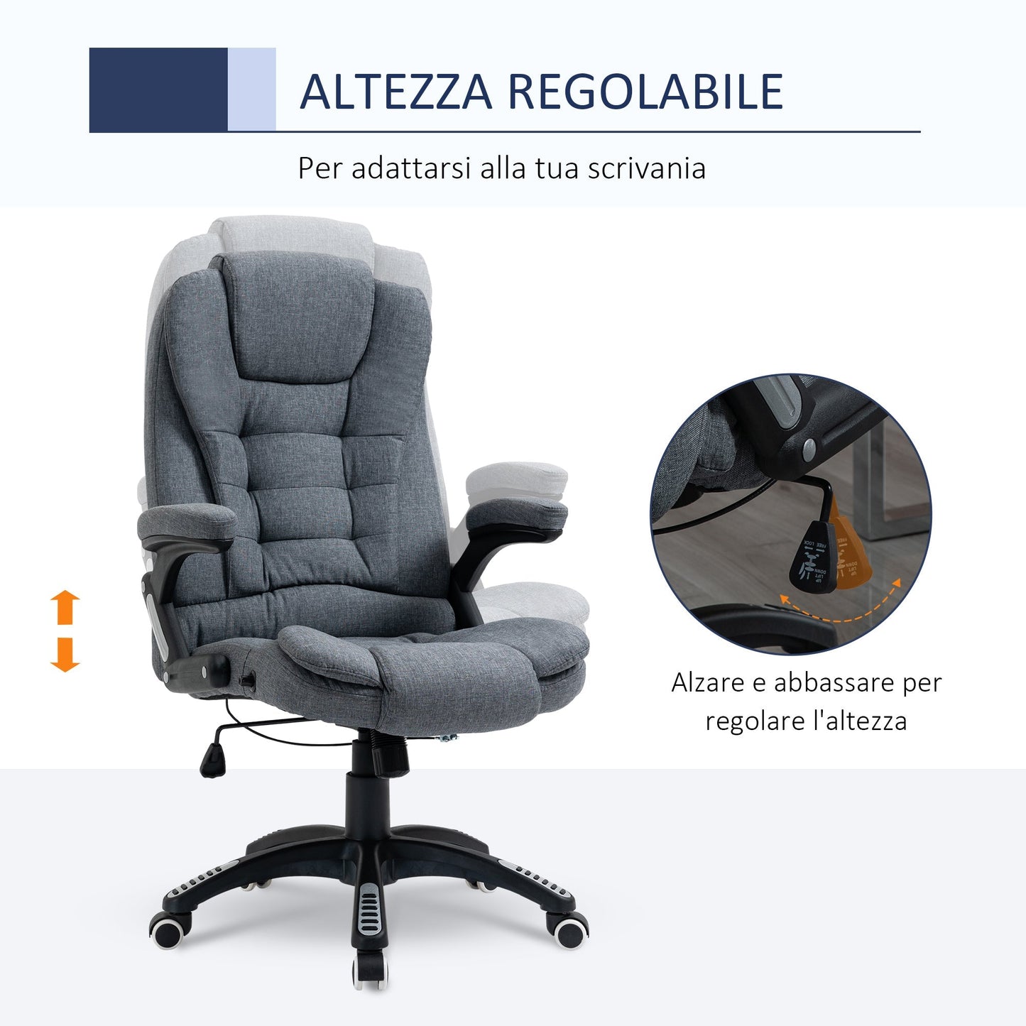 Reclinable ergonomic office chair, adjustable height and swinging, swivel armchair with wheels, 65x72x110-120cm, Grey