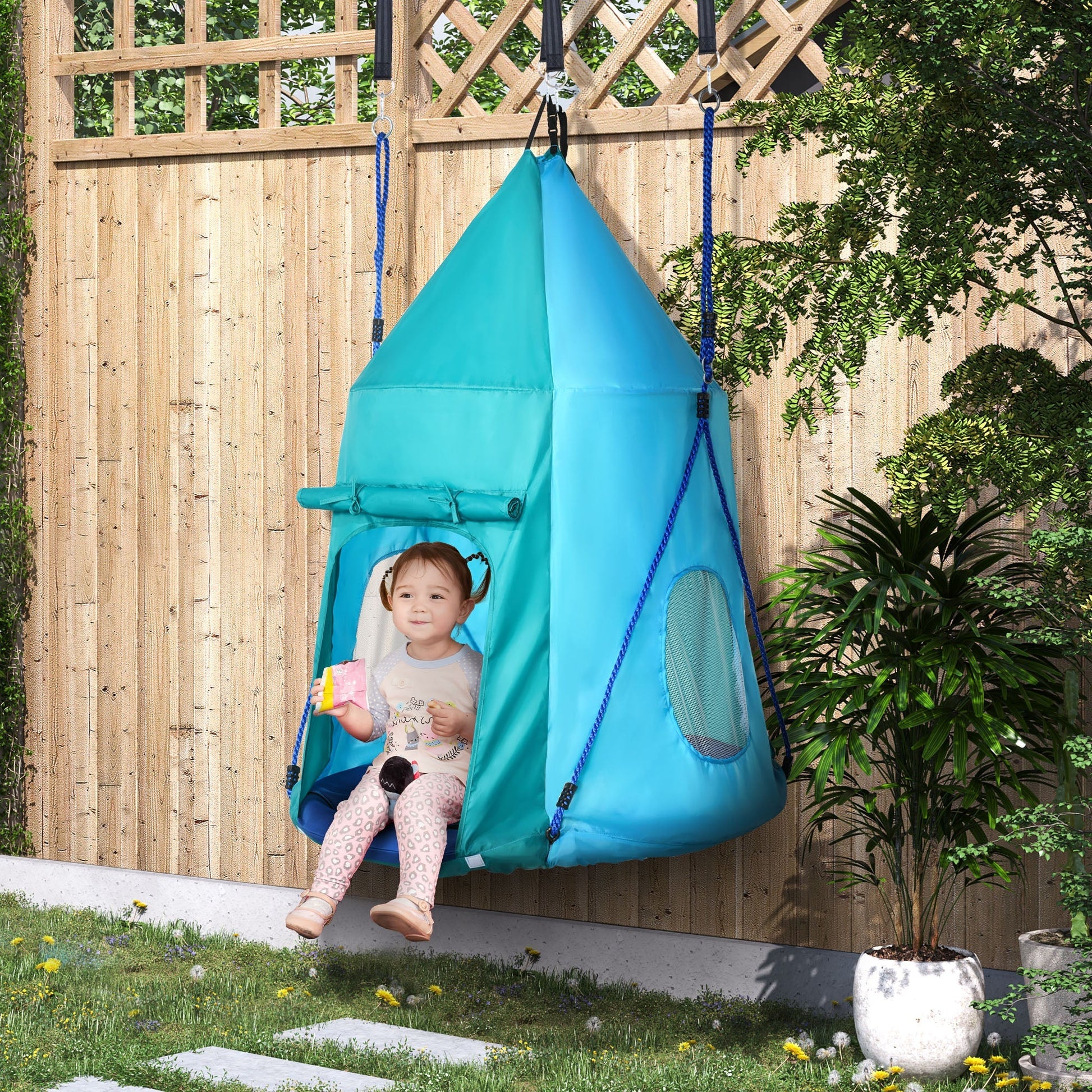 Outsunny Garden swing with 3-8 year olds curtains, Ã˜100cm and adjustable strings, blue - Borgè