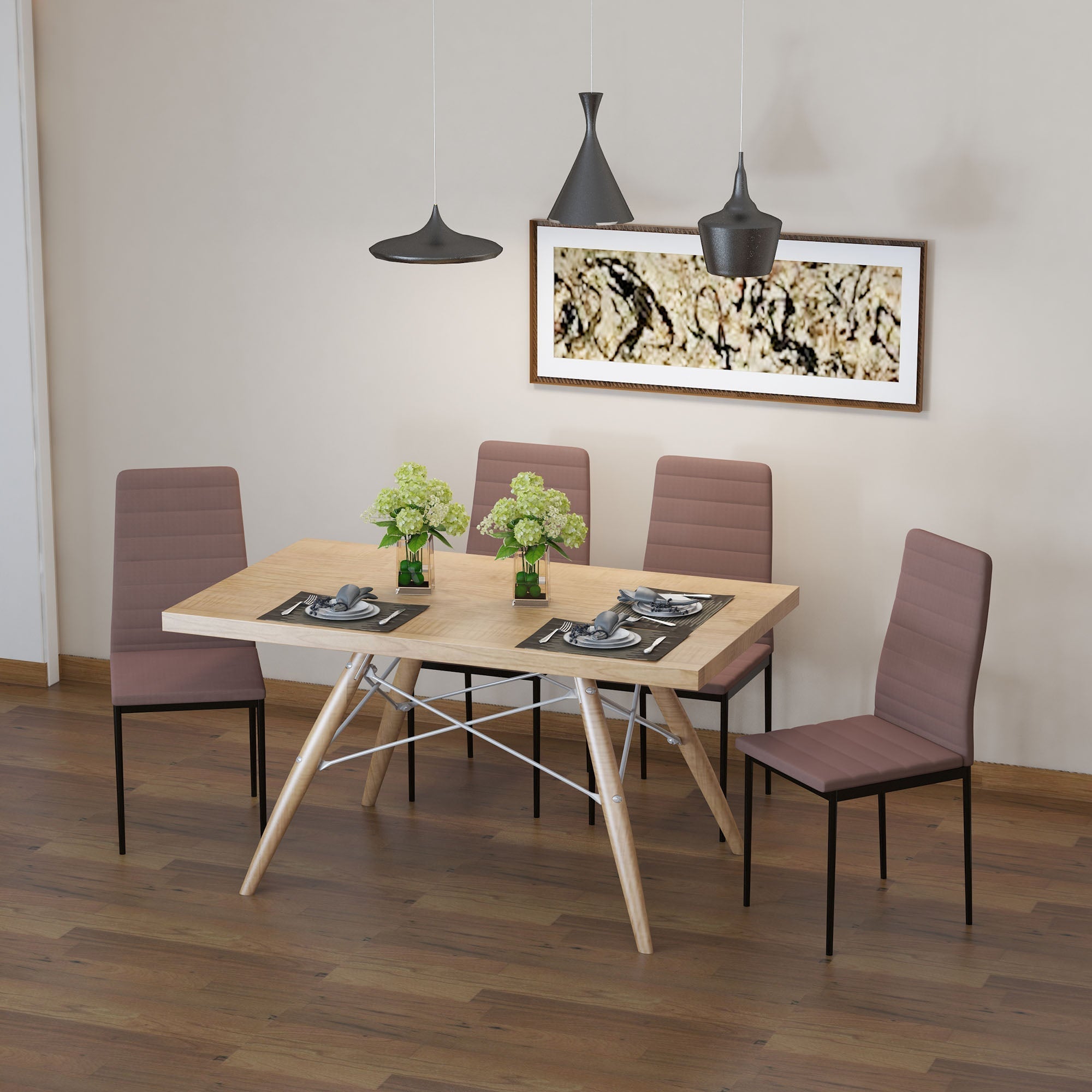 Set 4 Padded Modern Style Chairs in Metal and Fabric - Khaki - Borgè