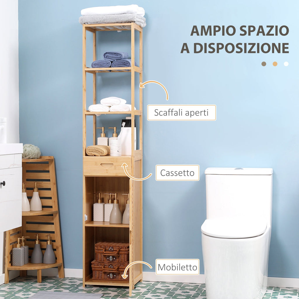 Kleankin High Bathroom Cabinet in Bamboo with 3 open shelves, a drawer and a locker, 32x30x163 cm, wooden color - Borgè