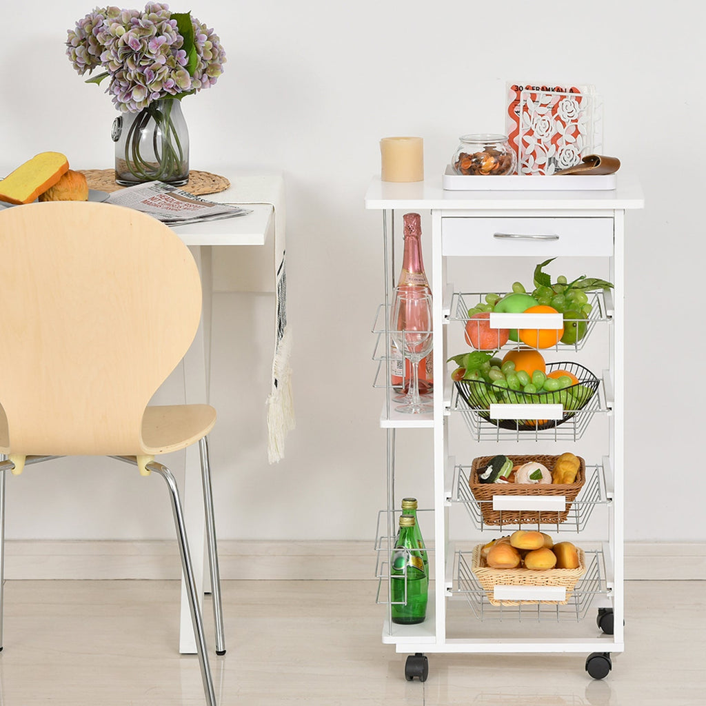 white wooden kitchen trolley with 1 drawer and 4 metal baskets - Borgè