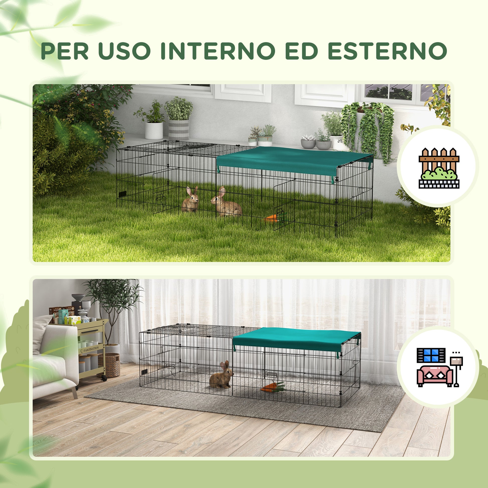 Pawhut for outdoor and interior rabbits with steel roof, 185x75x50cm, green - Borgè