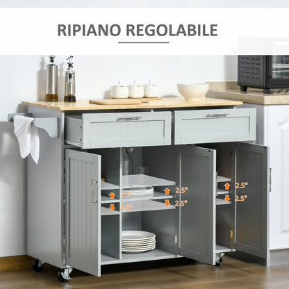 VERA | Multipurpose Wooden Kitchen Trolley with 2 Drawers, 3 Doors and 4 Wheels 121x46x91cm, Grey - Borgè