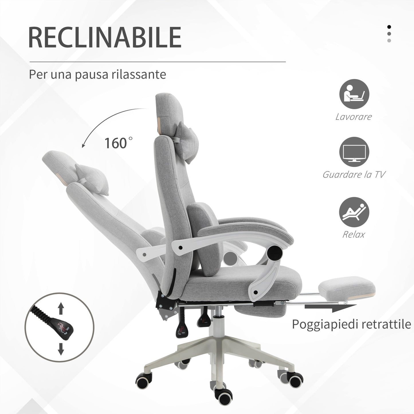 Ergonomic office armchair, lumbar cushion, pest and removable footrest, Grey 62x68x117-127cm - Borgè