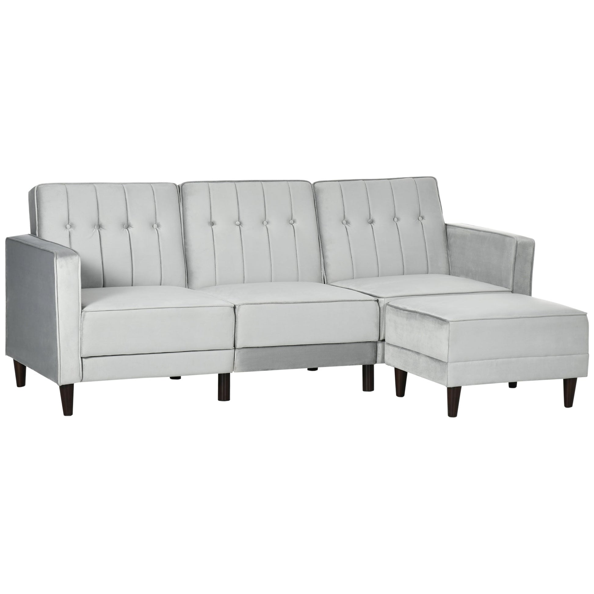 sofa bed 3 seats with footrest and reclining back, velvet coating and padded seat, 218x85x86 cm, light Grey - Borgè