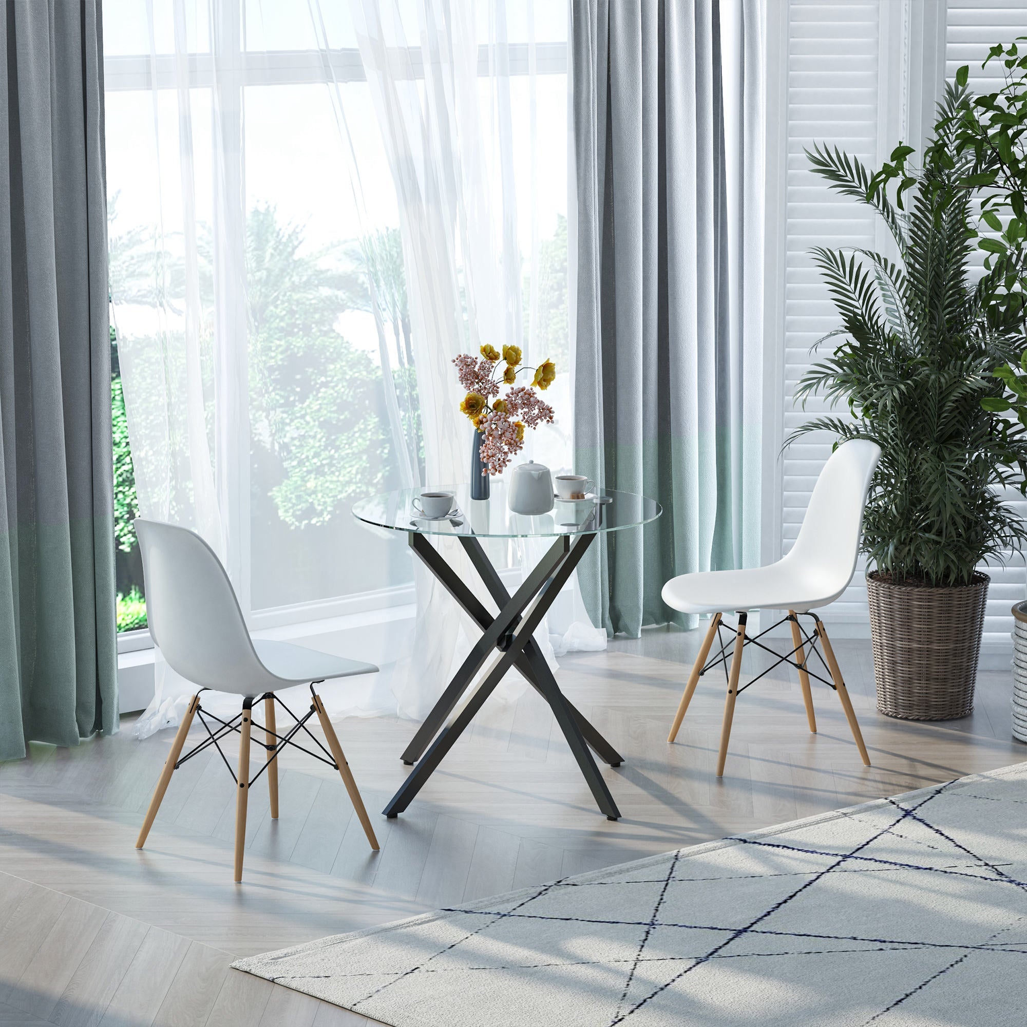 Round glass table and crossed metal legs, modern table for living and study, 80x80x75cm, black - Borgè