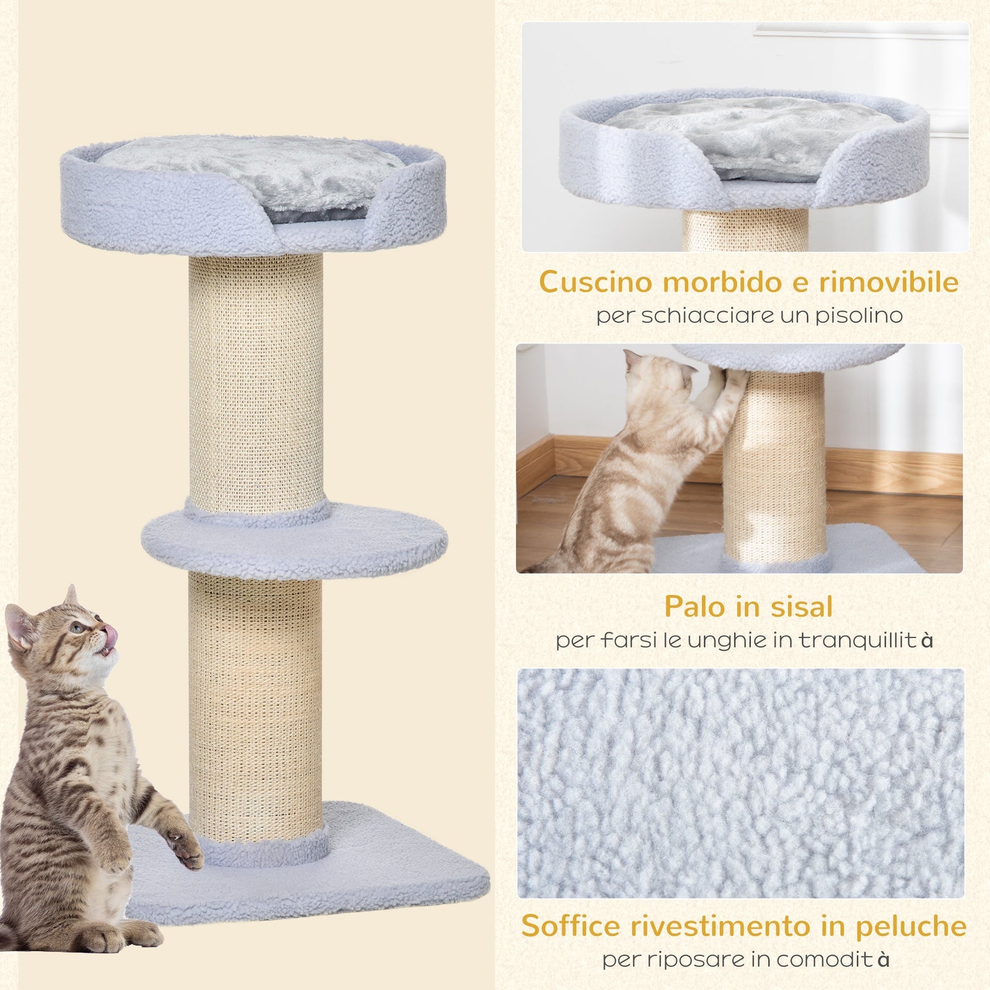 Cat Tree for cats with Scratch Pole , 45x45x91cm, Azzurro - Borgè