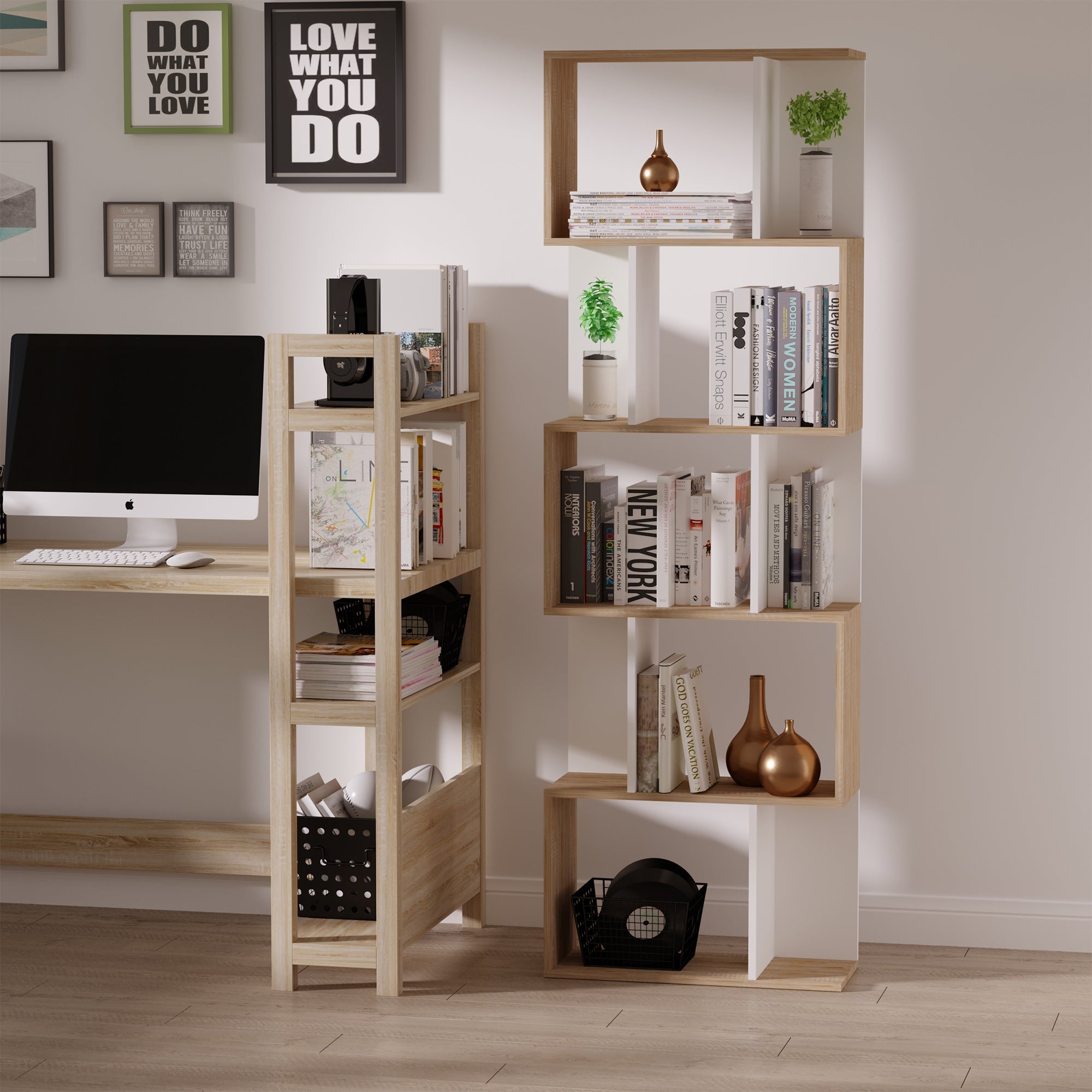 Homdom Modern Wall Library 5 Black Wooden Woodlings, 60x24x184.5cm - Borgè