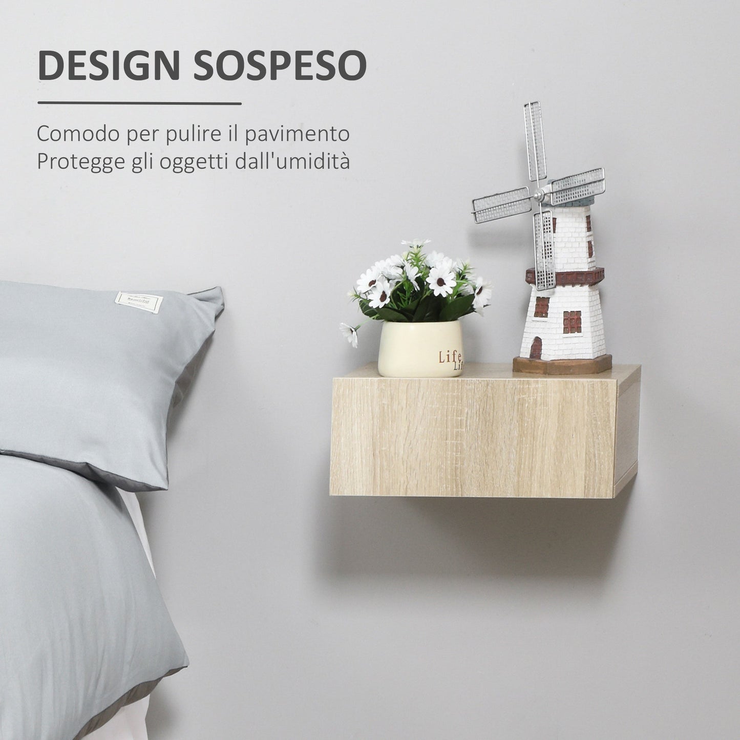 set 2 suspended wooden bedside tables, modern design, 40x30x15cm - wood color