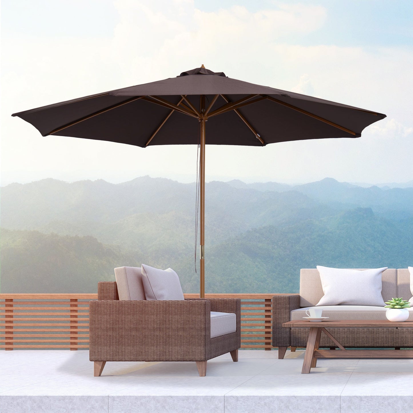 Outsunny garden umbrella with wooden pole and 8 sticks, anti -UV polyester parasols, φ300x250cm, coffee - Borgè