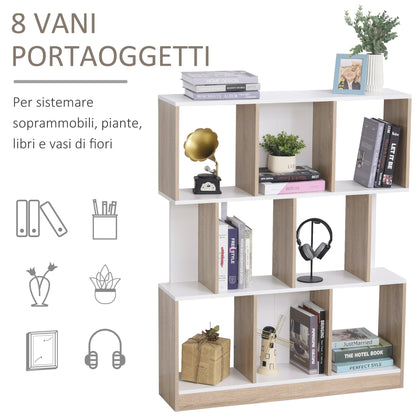 Homonda Modern Wall Library in Wooden, 8 shelves for living room and rooms, oak and white - Borgè