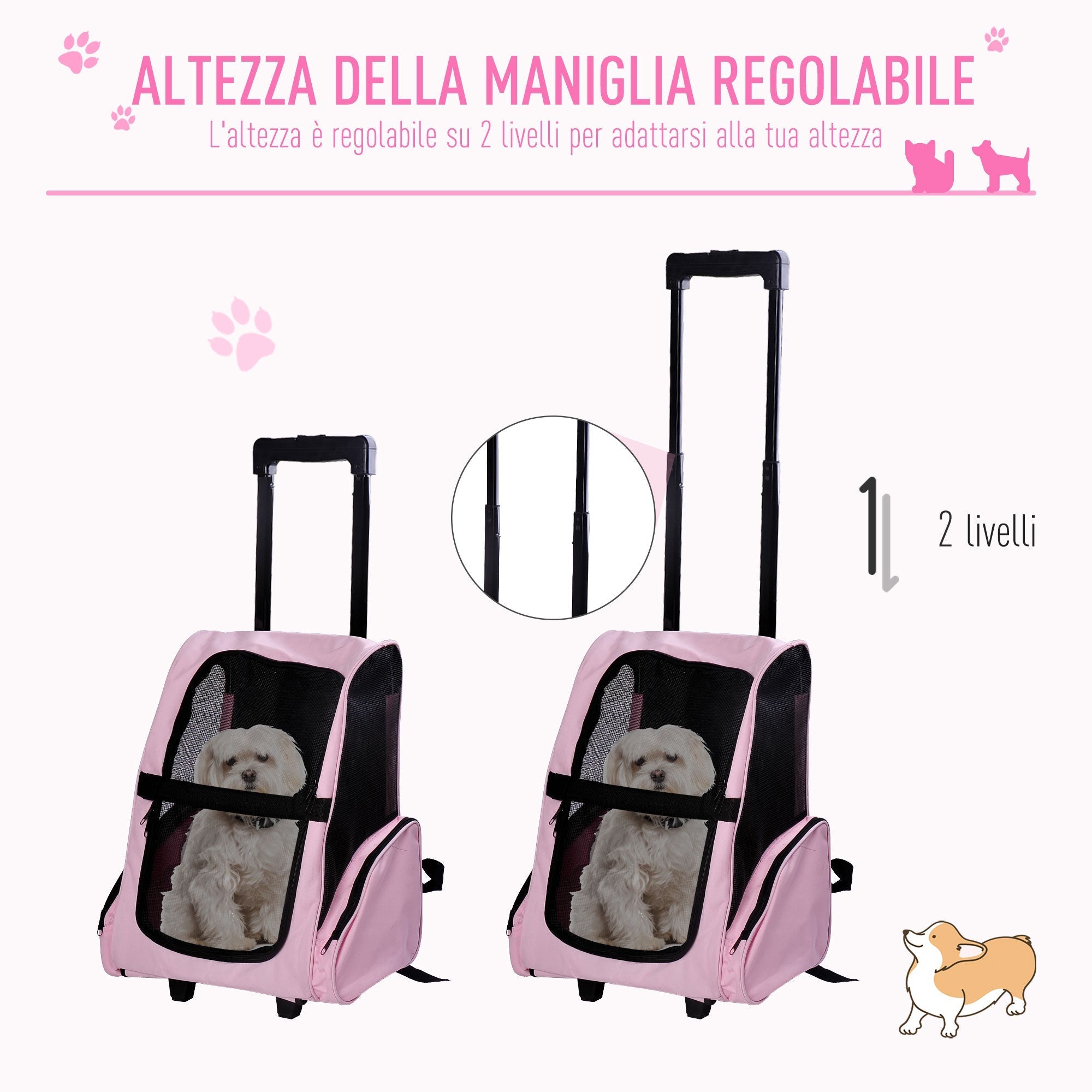 2 in 1 Dog and Cat Carrier Backpack with Side Pockets, Telescopic Handle and Wheels, 42x25x55cm, Pink - Borge' Group Limited