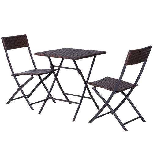 3-Piece Folding Garden Set, PE Rattan and Metal, 2 Chairs and Coffee Table, UV Protection, Balcony Furniture Set, for Patio and Backyard, Brown - Borge' Group Limited