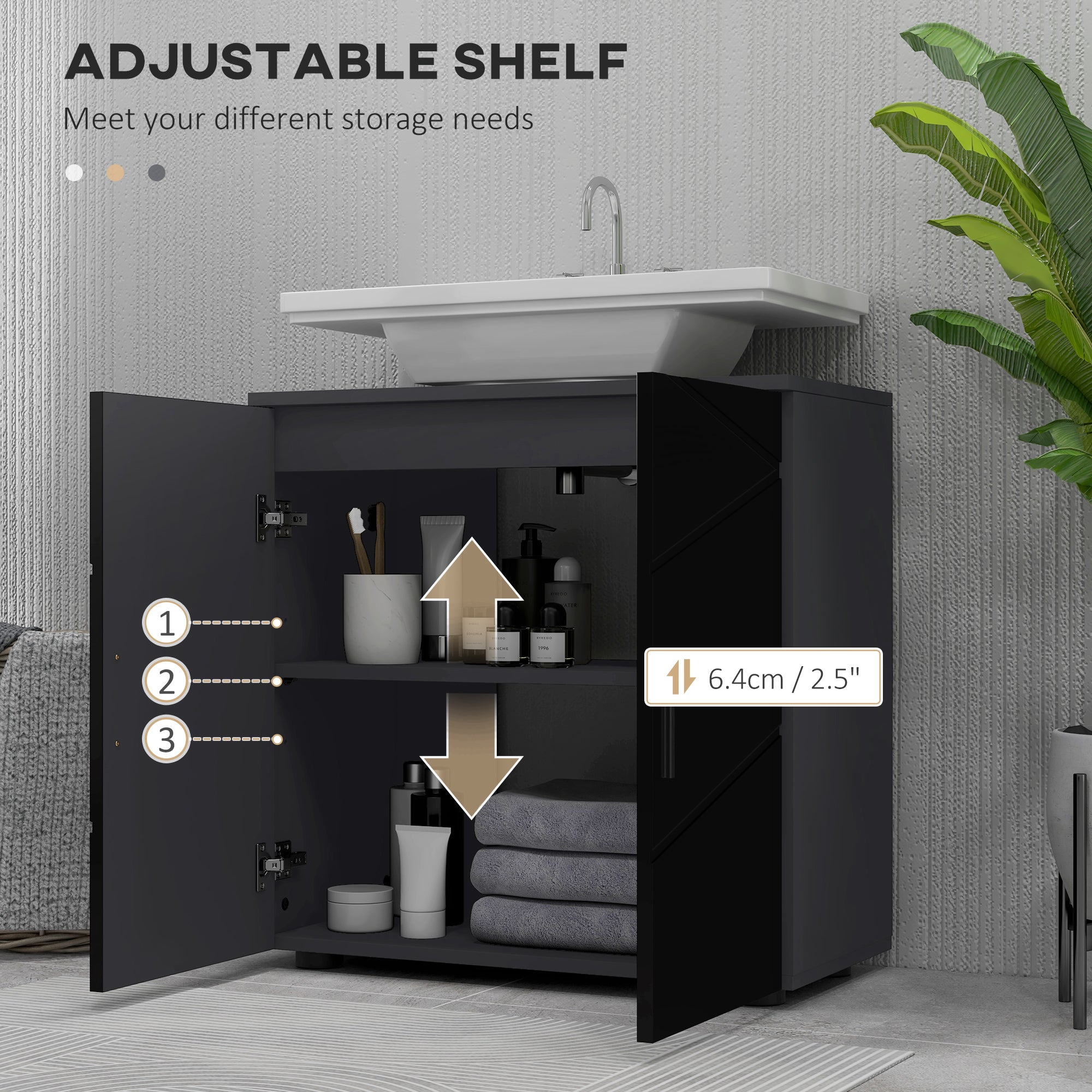 Kleankin Mobile Sublavabo Wooden Bath with 2 -door locker, 60x30x60cm, black - Borgè