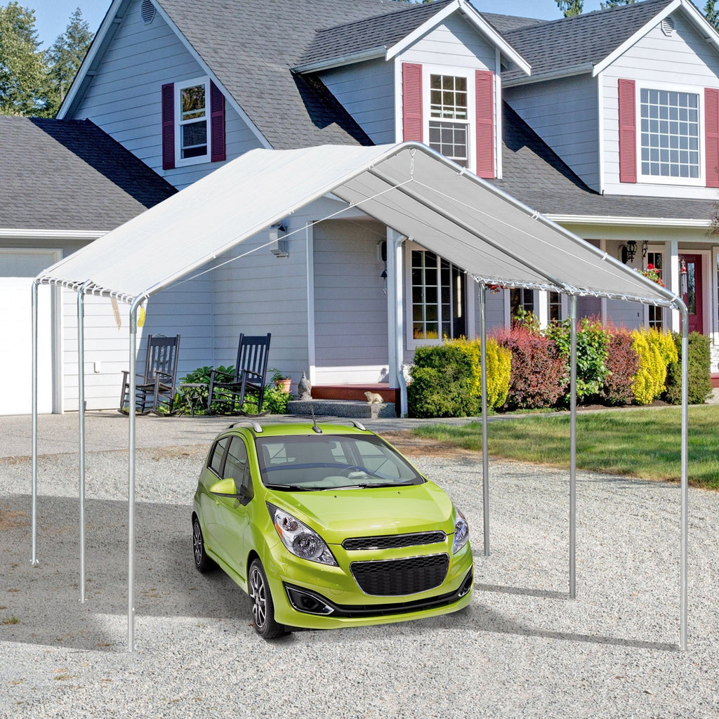 Galvanized Steel Car Awning with Anchoring Kit, 5.95x2.94x2.6m - White - Borge' Group Limited