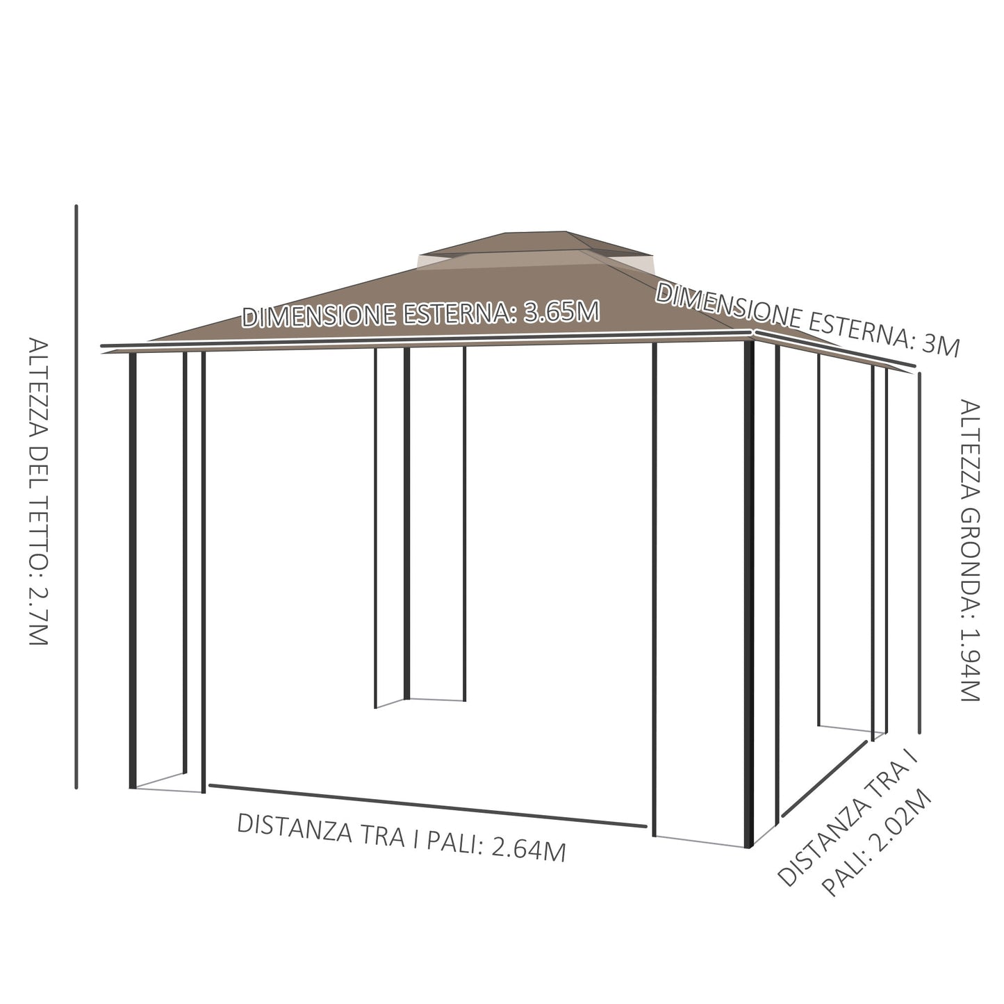 Outsunny garden gazebo with mosquito net, double roof, metal structure and shelves, 3,65x3m brown and beige - Borgè