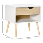 Homcom set of 2 bedside tables with drawer and shelf, raised base and wooden legs, 50x39x51cm, white and oak - Borgè