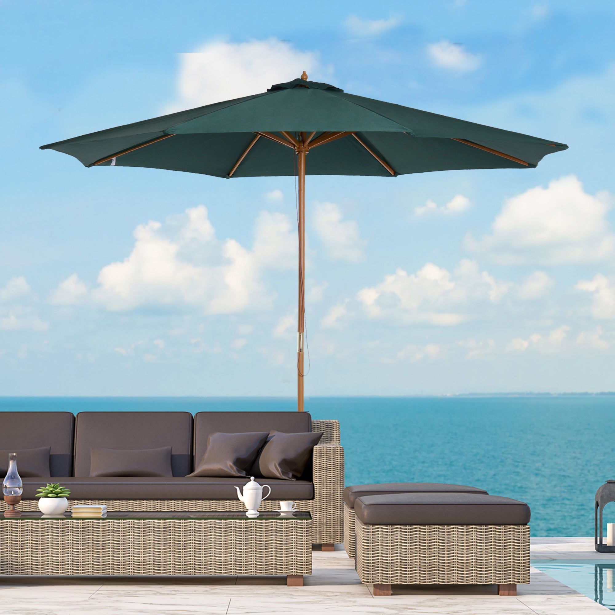 3x2.5 m Garden Umbrella with Rope Opening, 8 Ribs, in Wood and Polyester, Dark Green - Borge' Group Limited