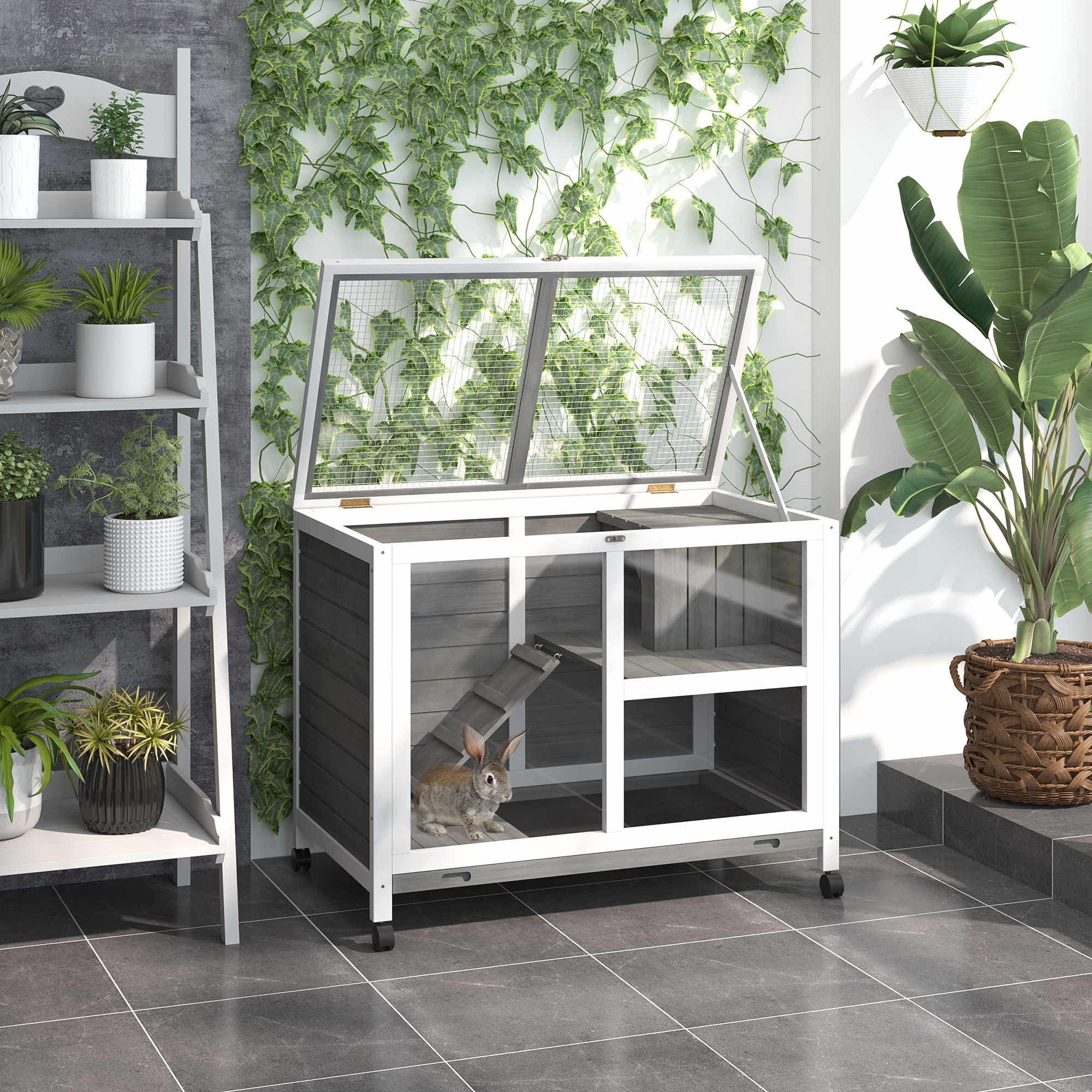 Wooden Rabbit Hutch with 2-Story House, Ramp and Pull-Out Tray, 91.5x53. 3x73cm - Borge' Group Limited