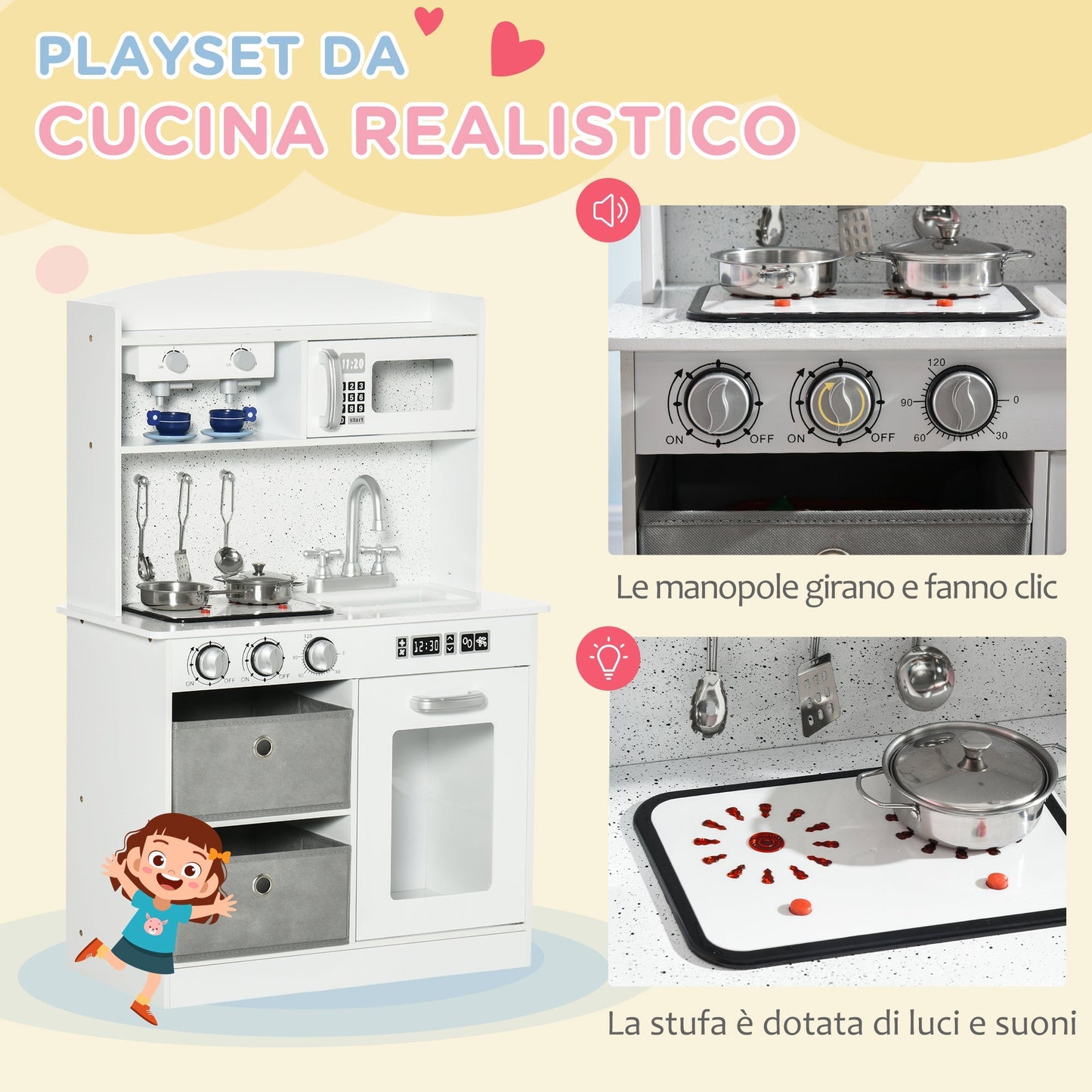 Kitchen for children 3-6 years with realistic lights and accessories, in MDF and PP, 60.1x31.7x92.9 cm, white