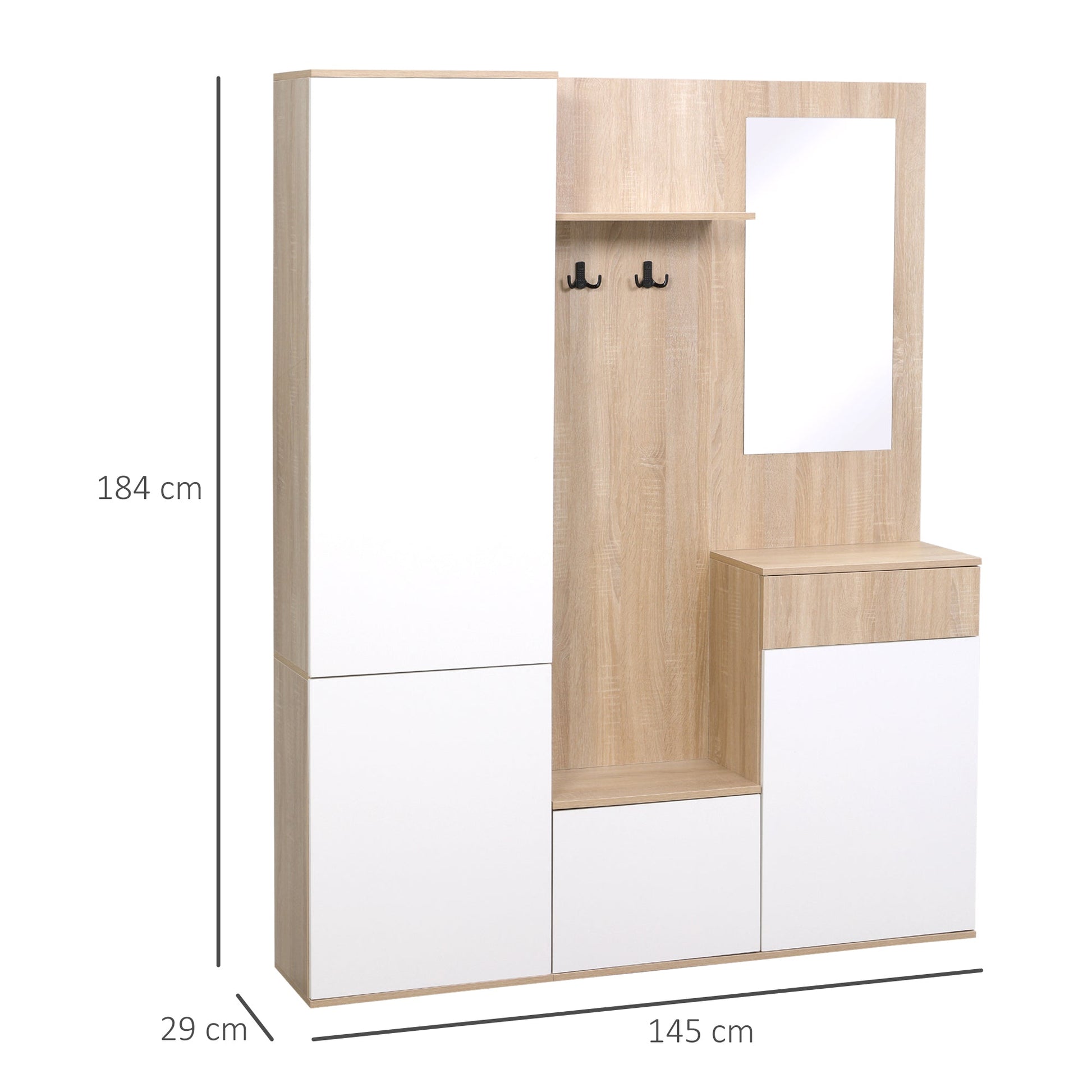 input mobile 4 in 1 in chipboard with mirror, hooks and adjustable interior shelves, 145x29x184 cm - Borgè