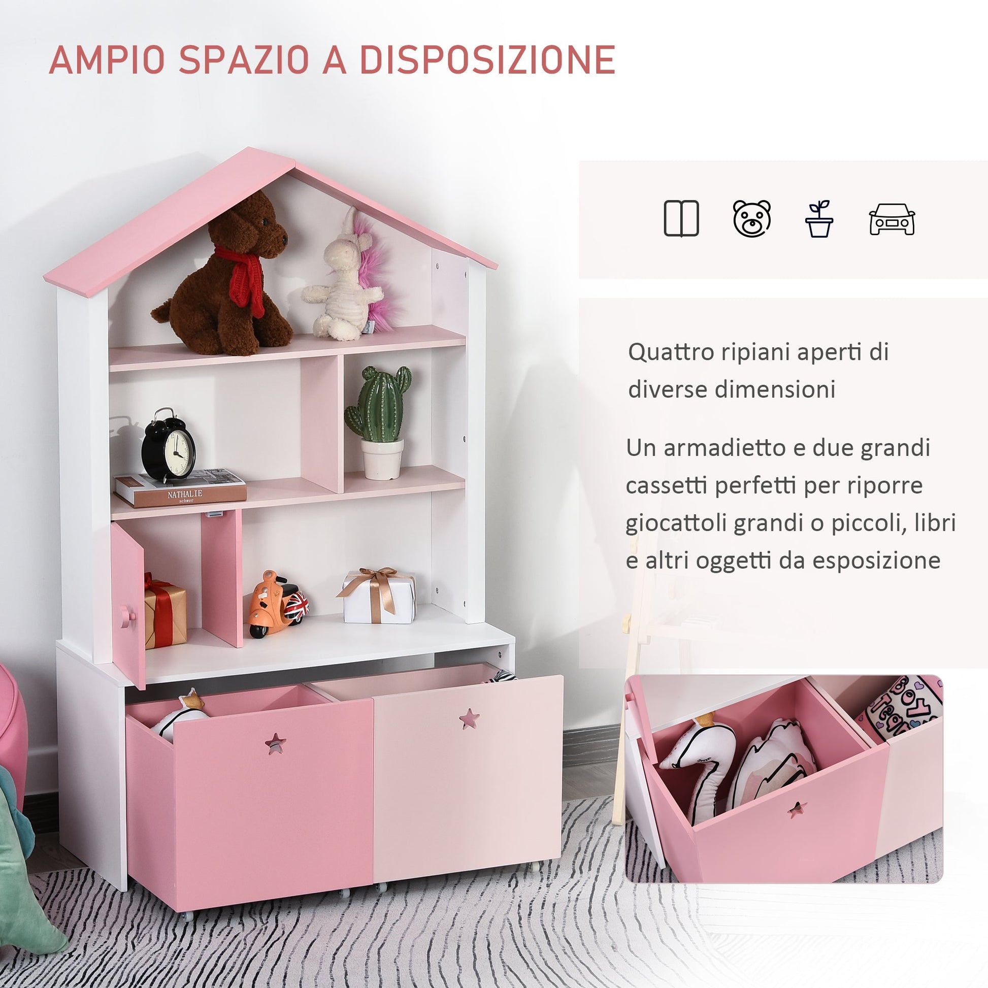 Homond bookcase Rosa Caregochi Board for children's bedroom and teenagers with 2 removable drawers, 80 x 34 x 130 cm - Borgè