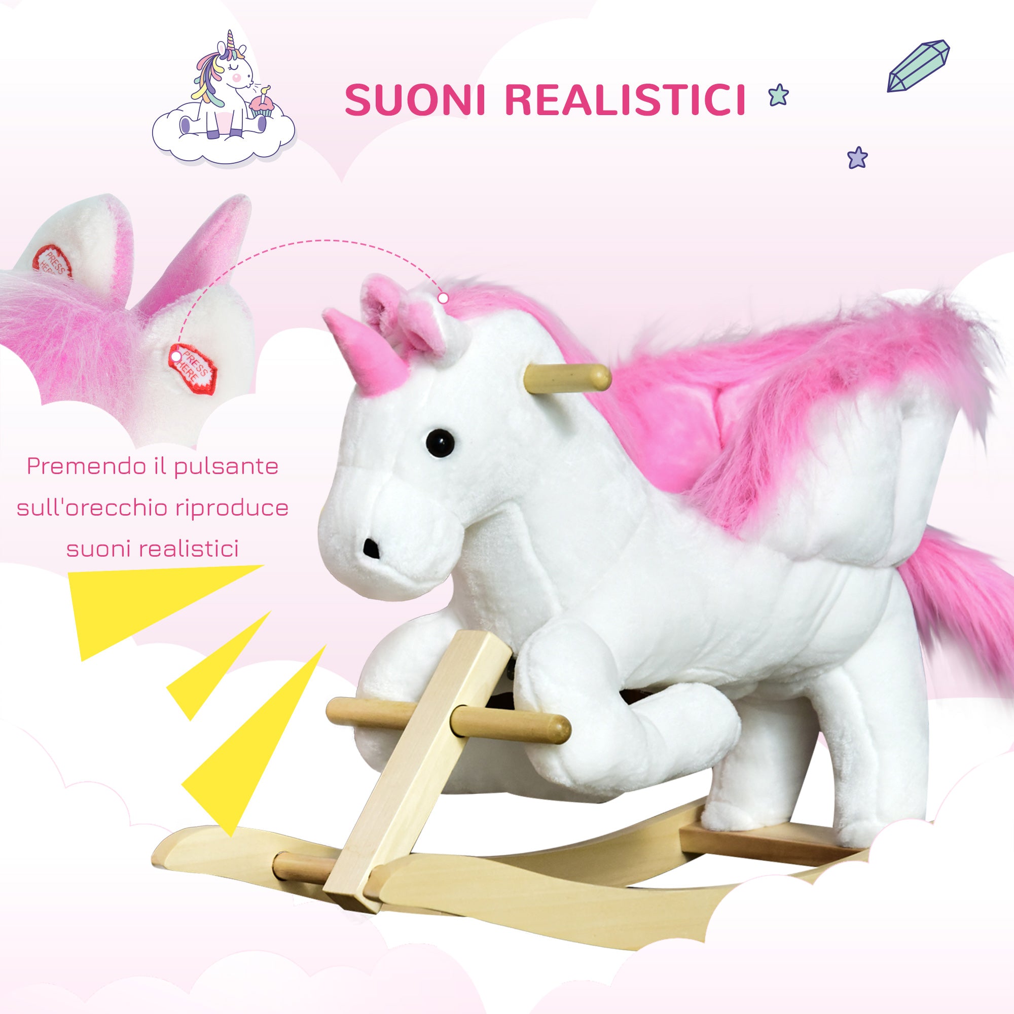 Unicorn Rocking Horse with Music, Metal and Wood Frame, Plush Cover, 65x32x55cm, White Pink - Borgè