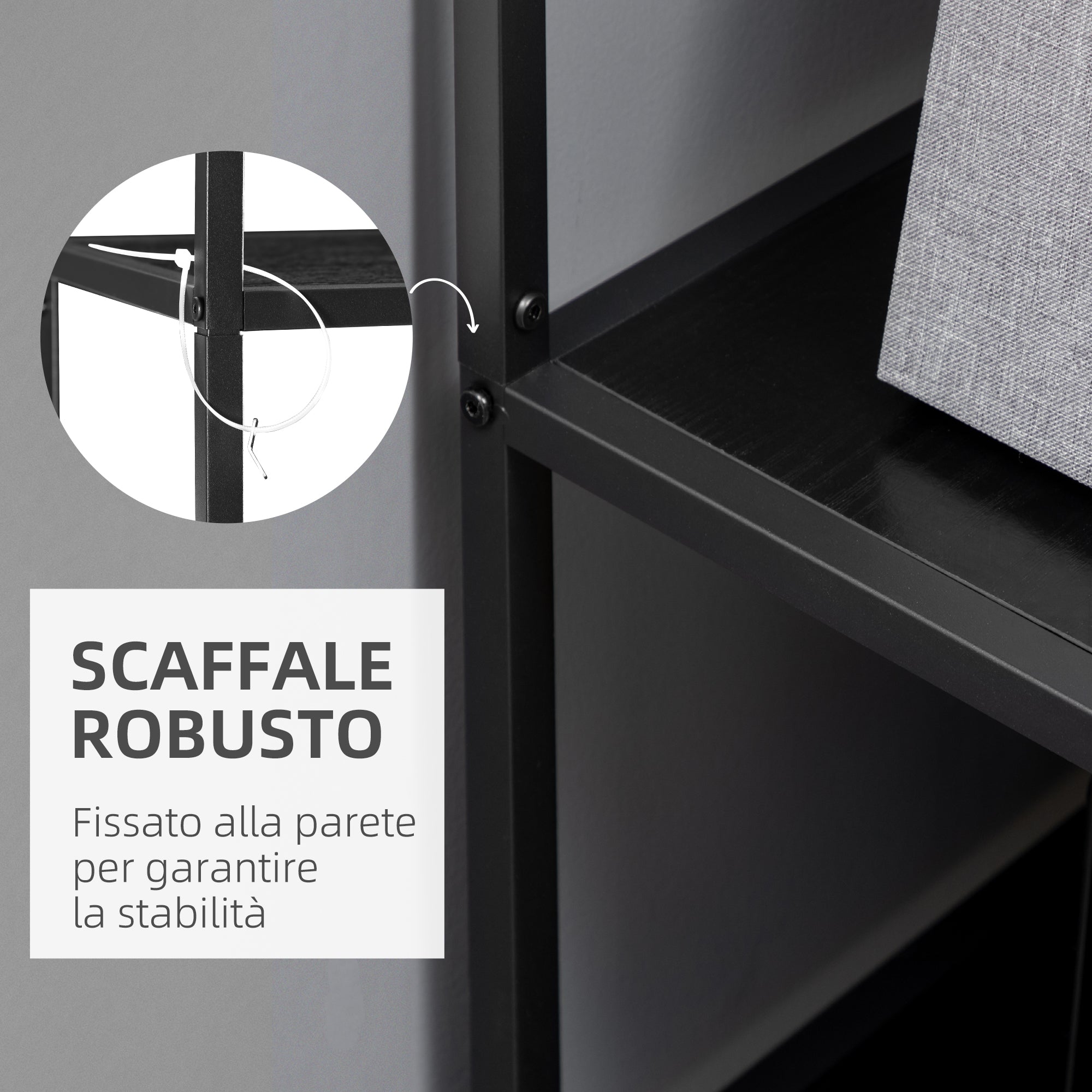 Mobile 7 -level bookcase in chipboard and steel for living room, bedroom and office, 83x34x180 cm, black - Borgè