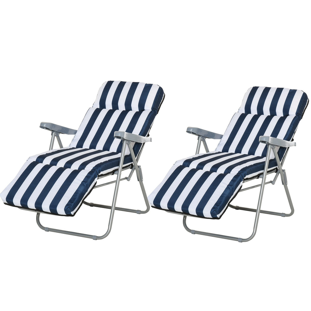 2-Piece Folding and Reclining Outdoor Lounge Chair, Sun Lounger with Padded Cushion, Blue and White - Borge' Group Limited