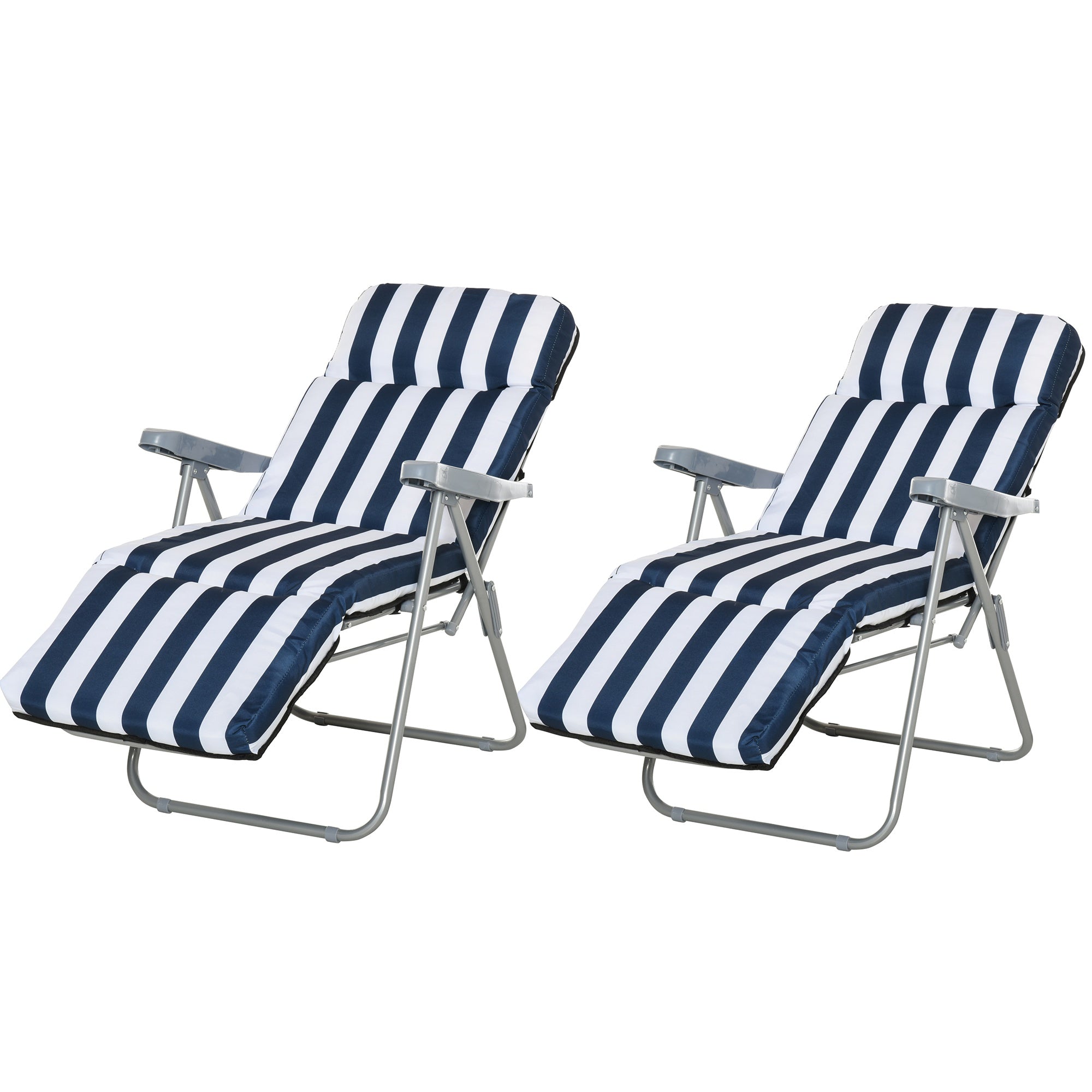2-Piece Folding and Reclining Outdoor Lounge Chair, Sun Lounger with Padded Cushion, Blue and White - Borge' Group Limited