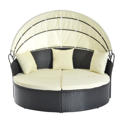 Modular Rattan Garden Sofa with Sun Awning, Lounger, Footstool, and Cushions in Cream and Black - Borgè