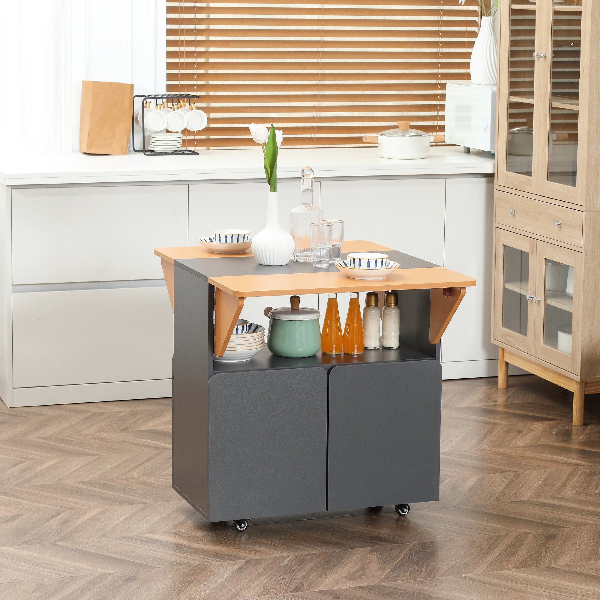 Homcom Folding table saving for 4 people max with 4 wheels, hidden shelf and locker with doors, 70x83x75 cm - Borgè