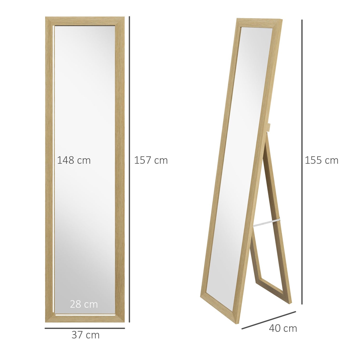 Homcom mirror with MDF frame with feet and hooks for wall use or wall, 37x40x155 cm - Borgè