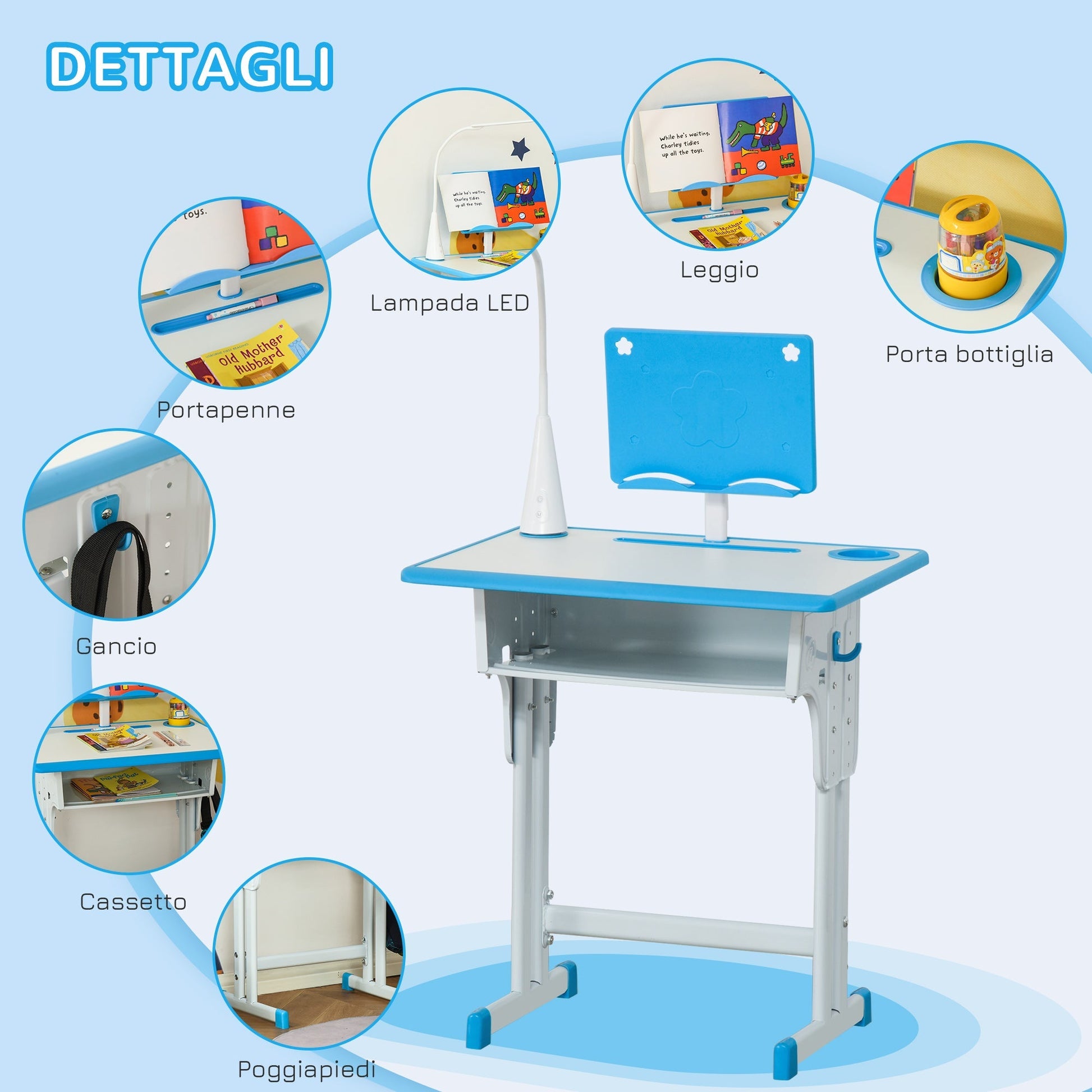 School desk with children's chair 6-12 years adjustable height lectern LED lamp and cappenen - blue - Borgè