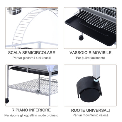 Bird Cage with Wheels Height 161.5cm, Steel Trays and Wooden Perches, Silver - Borgè