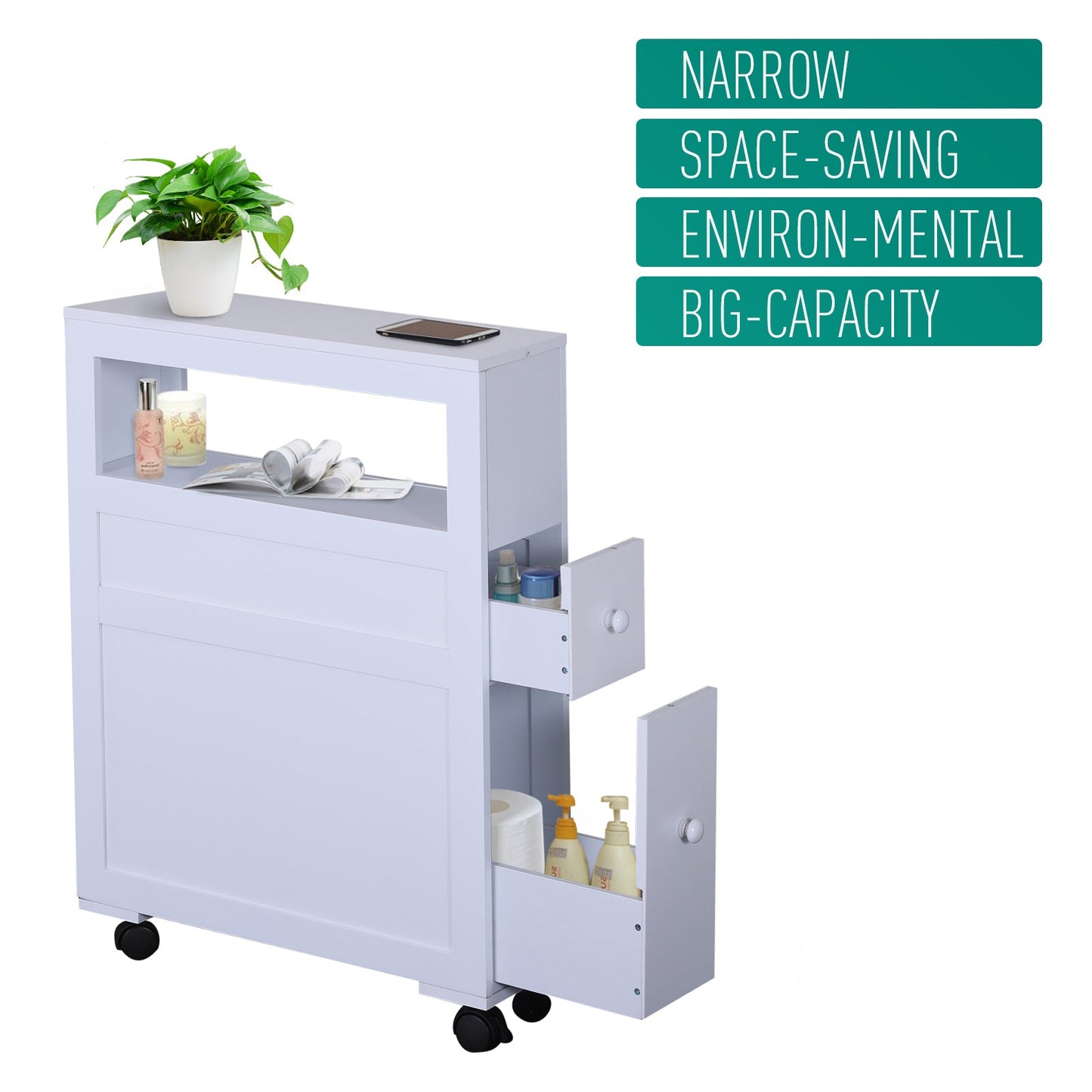 Bathroom Cabinet 2 Despaged drawers with 4 wheels wood 16x52x71.5cm white - Borgè