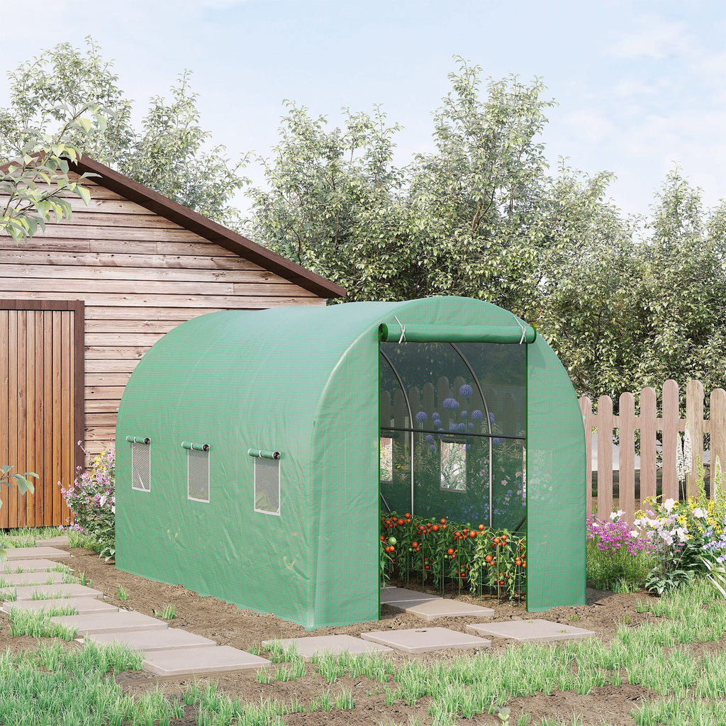 3.5x2x2m PE and Metal Tunnel Greenhouse for Vegetable Garden with 6 Windows and Roller Door, Green - Borge' Group Limited