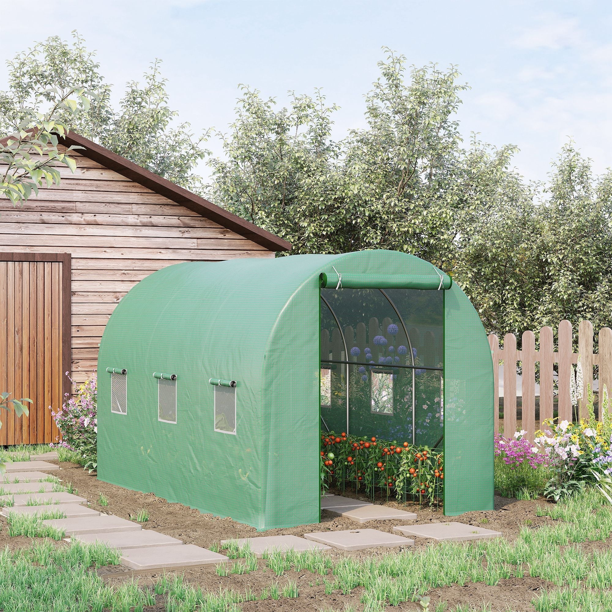 3.5x2x2m PE and Metal Tunnel Greenhouse for Vegetable Garden with 6 Windows and Roller Door, Green - Borge' Group Limited