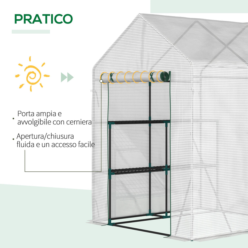 Outdoor Garden Greenhouse in Steel and PE with 2 Shelves and Roller Door, 143x143x195 cm, White - Borge' Group Limited