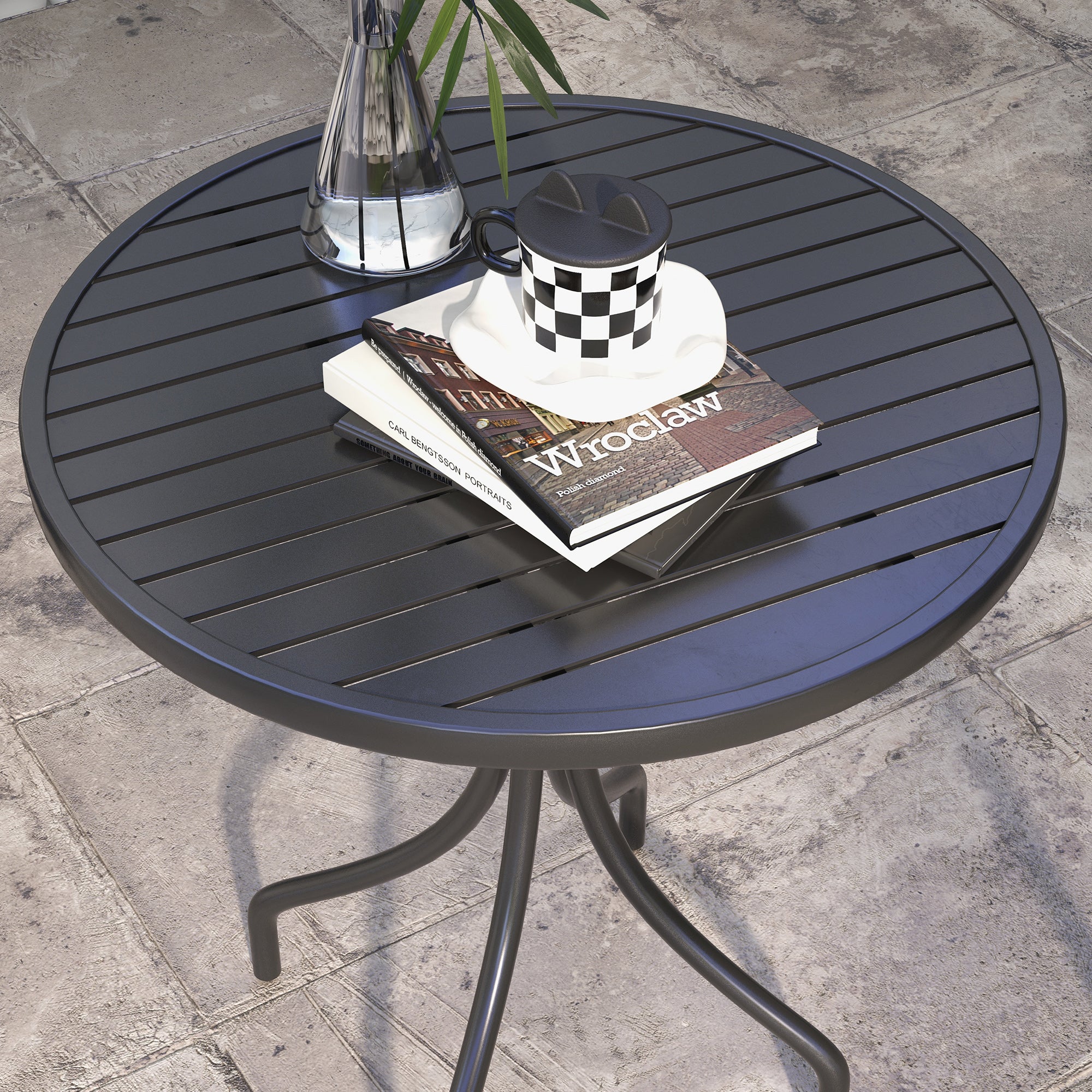 Outsunny round garden table with steel slat top, Ã˜66x71.5cm, black - Borgè