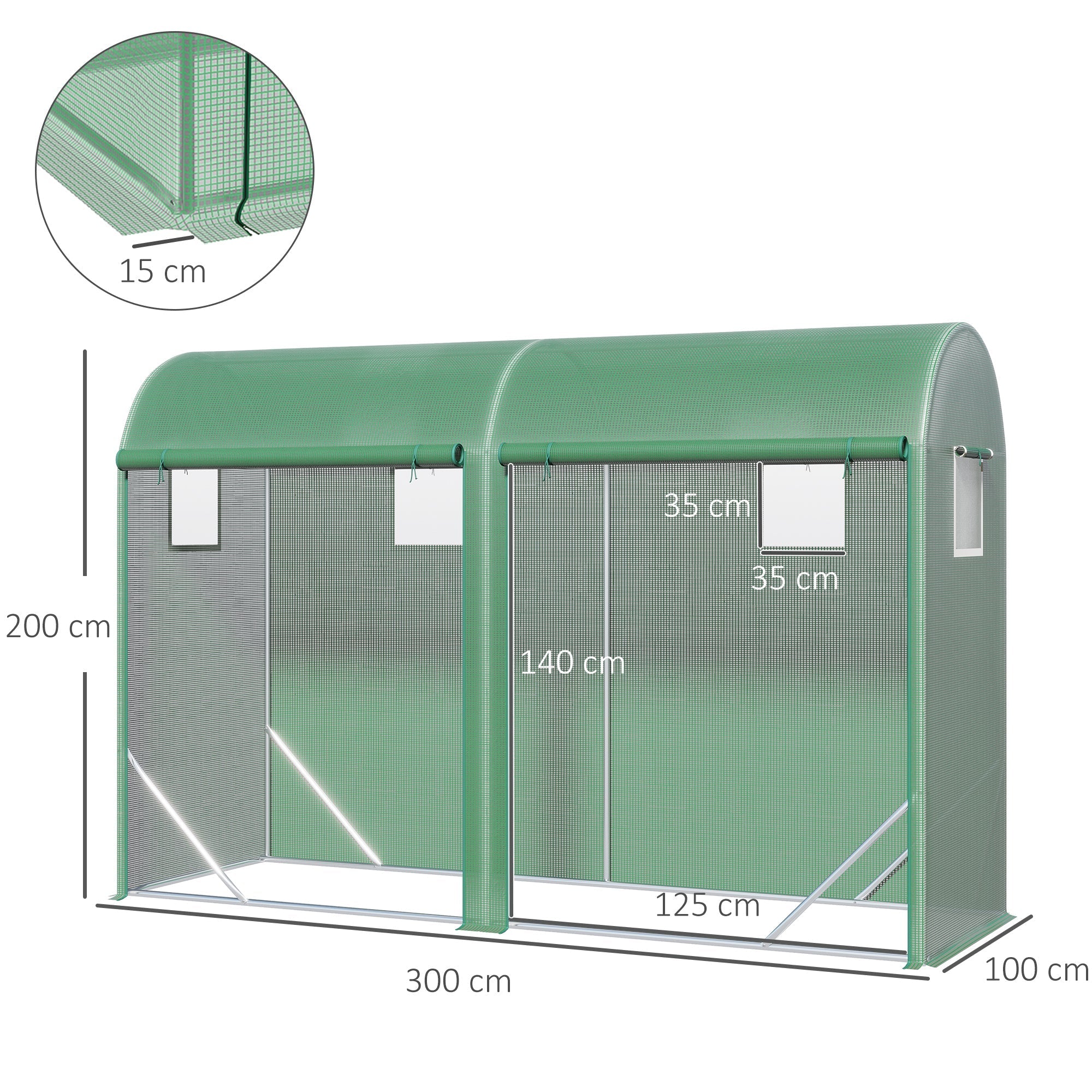 Garden Tunnel Greenhouse for Plants and Vegetables, Balcony Greenhouse with 2 Roller Doors and 4 Windows, PE Cover Steel Structure, 3x1x2m - Borge' Group Limited