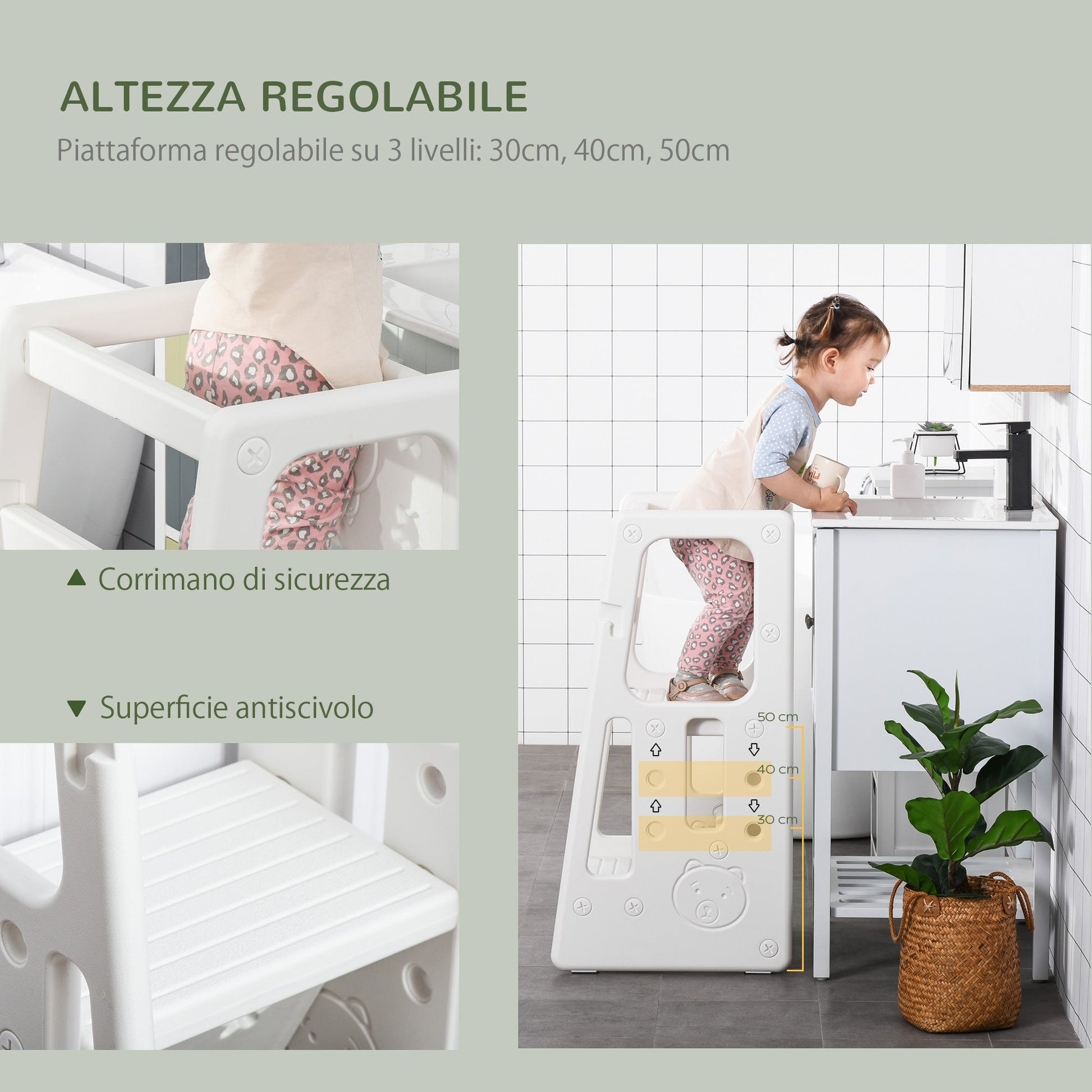 Scaletta for children Torre Montessoriana adjustable height 3 levels, odor HDPE, 47x47x90cm, white - Borgè